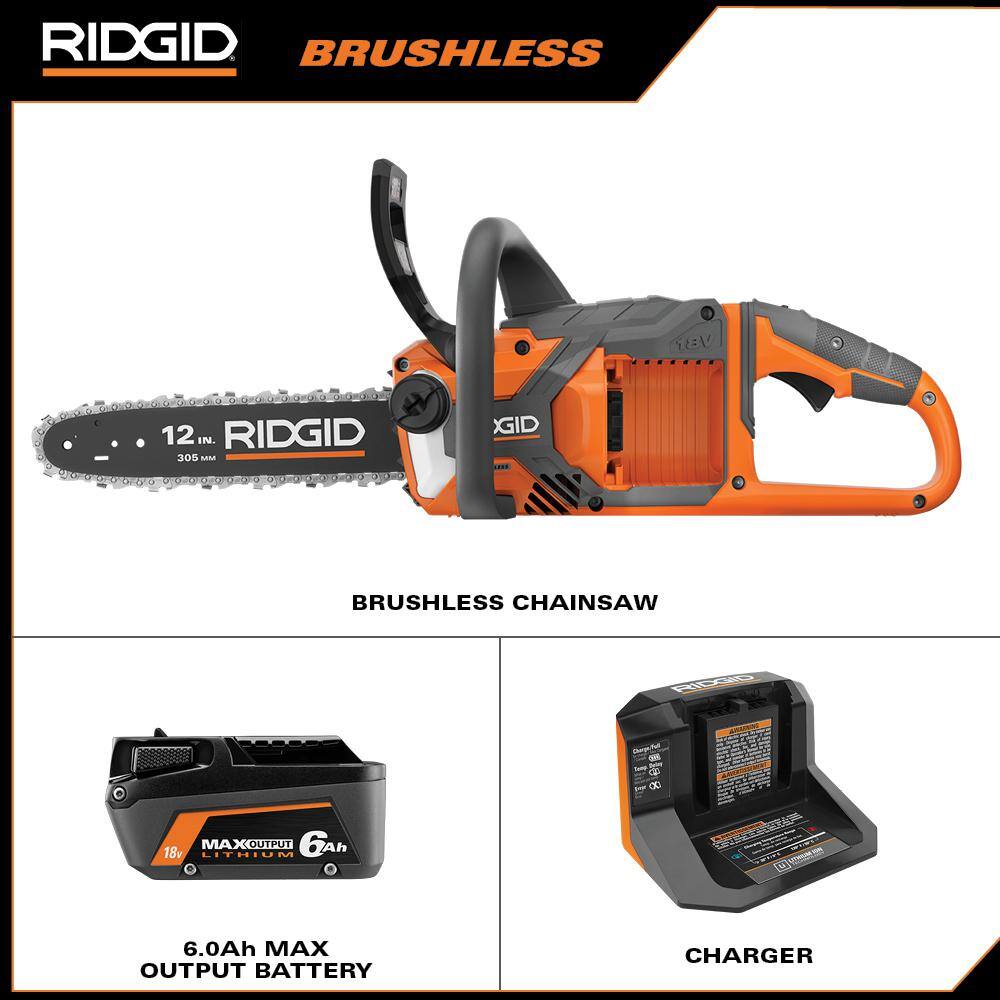 RIDGID R01101K 18V Brushless 12 in. Electric Battery Chainsaw with 6.0 Ah MAX Output Battery and Charger