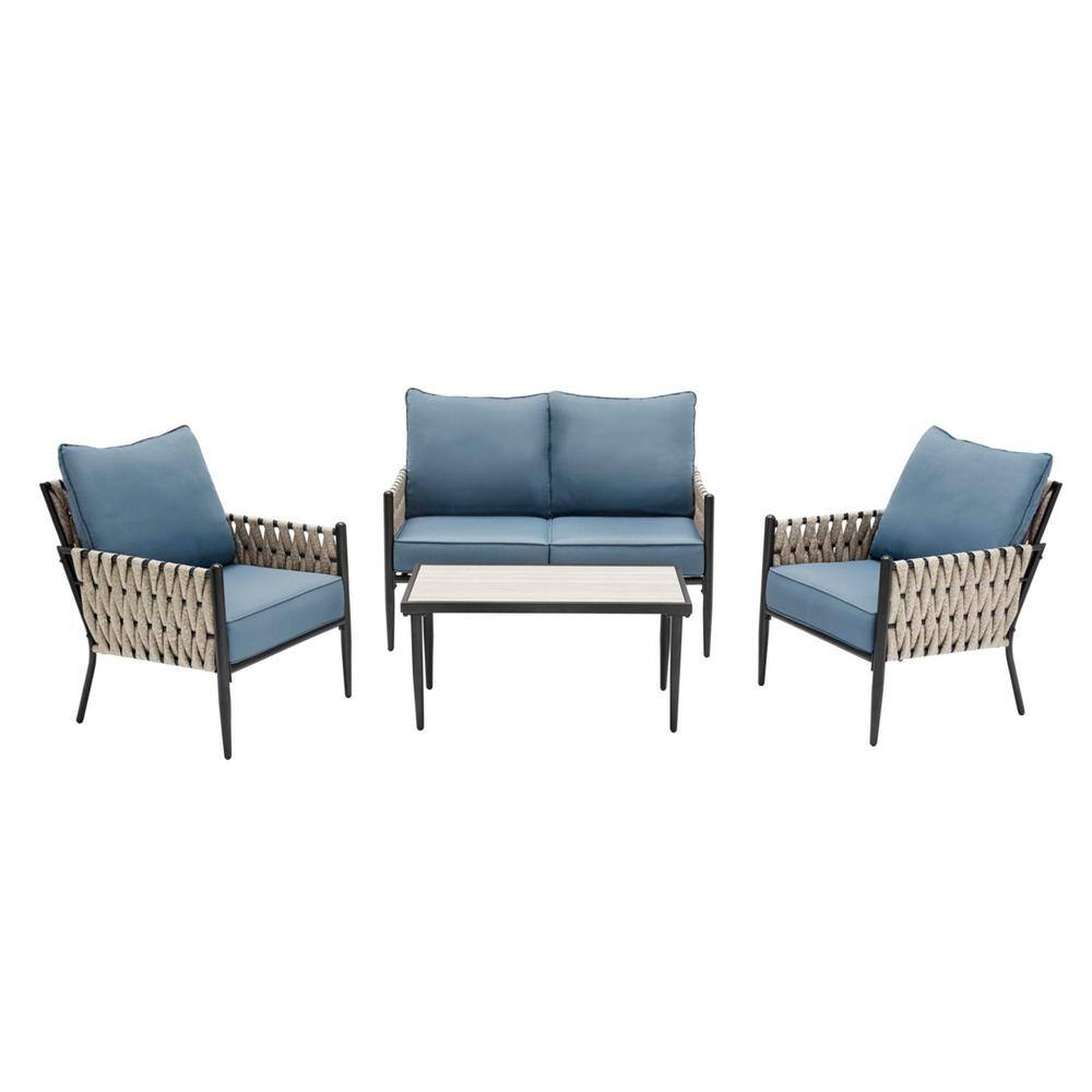 Hampton Bay  Dockview 4-Piece Metal Outdoor Patio Conversation Set with Blue Cushions