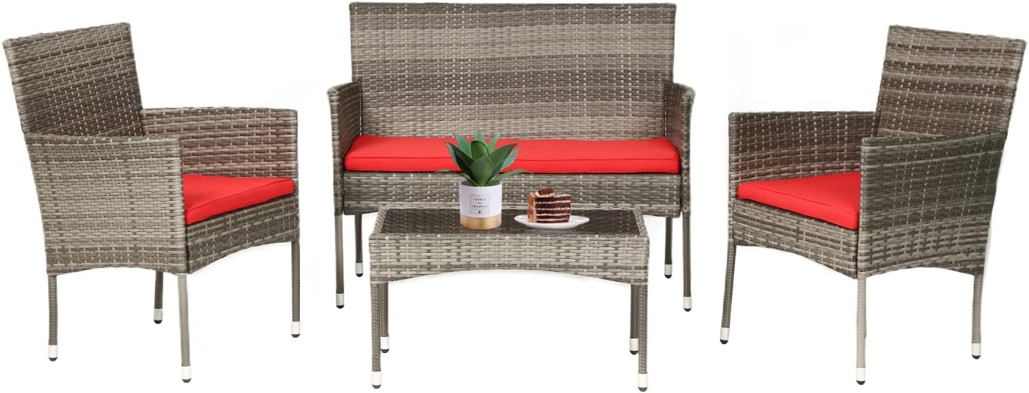 FDW 4 Pieces Outdoor Furniture Set Patio Conversation Set Wicker with Rattan Chair Loveseats Coffee Table for Outdoor Indoor Garden Backyard Porch Poolside Balcony.Gray Wicker/Red Cushions