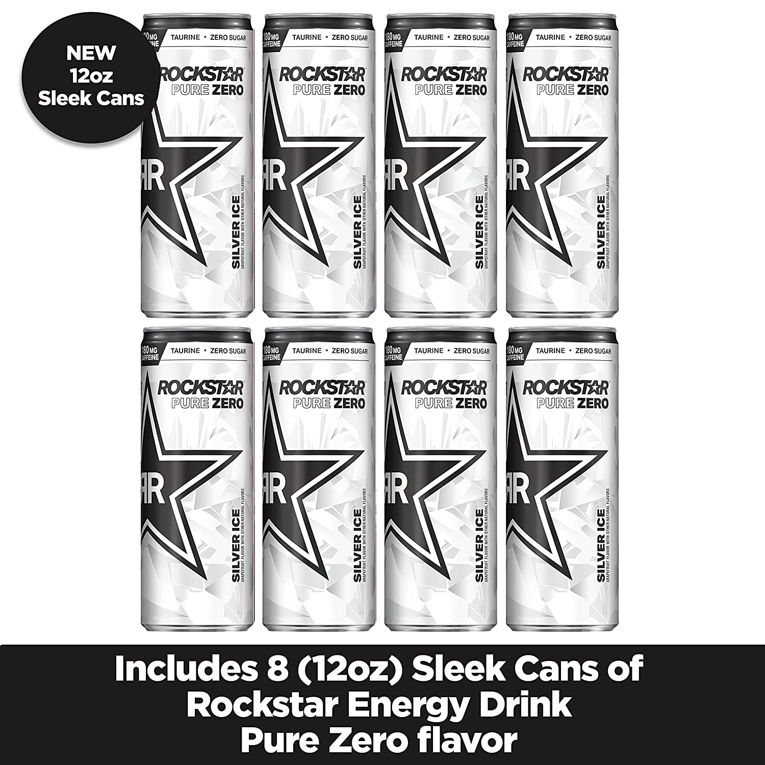 Rockstar Energy Drink. Pure Zero Silver Ice. 12oz Sleek Cans (8 Pack)