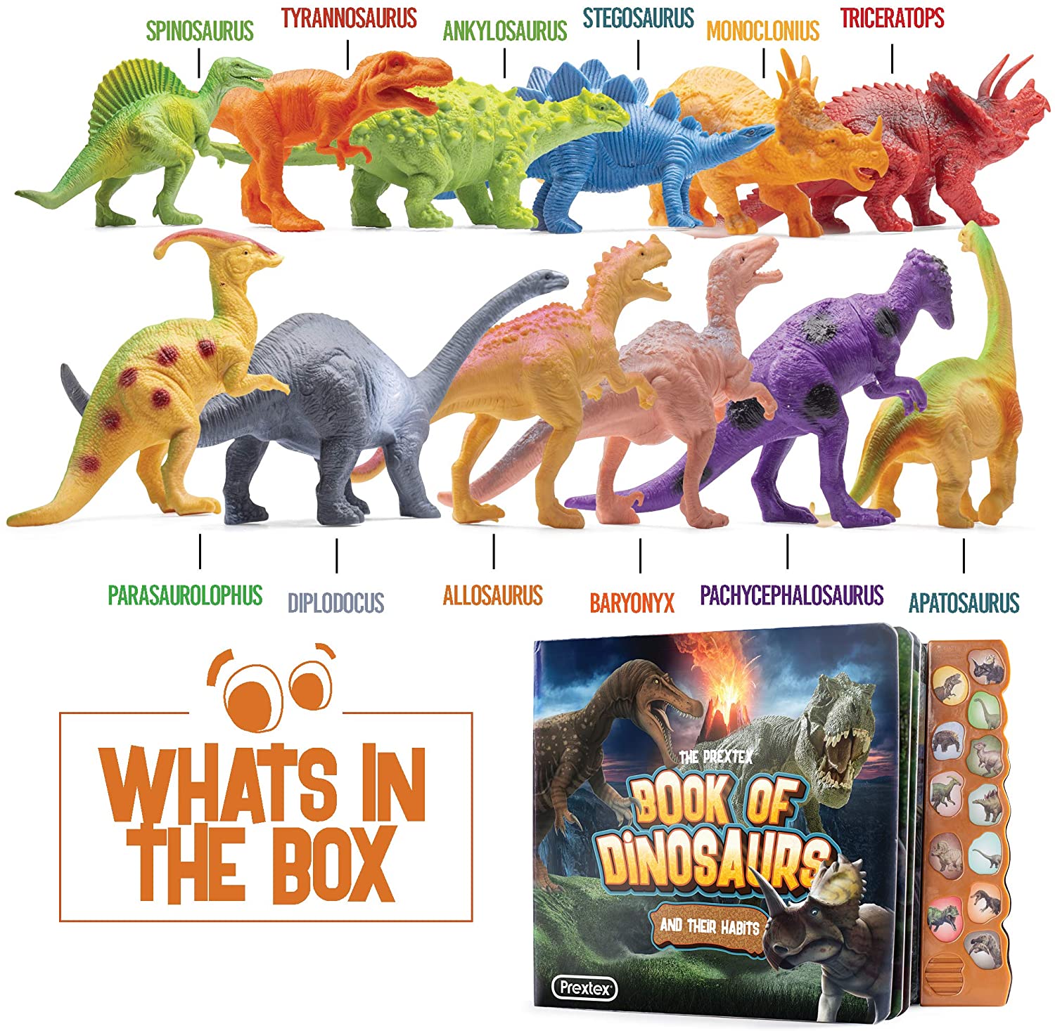 Pack of 12 Toy Dinosaurs Figures With Interactive Dinosaur Sound Book