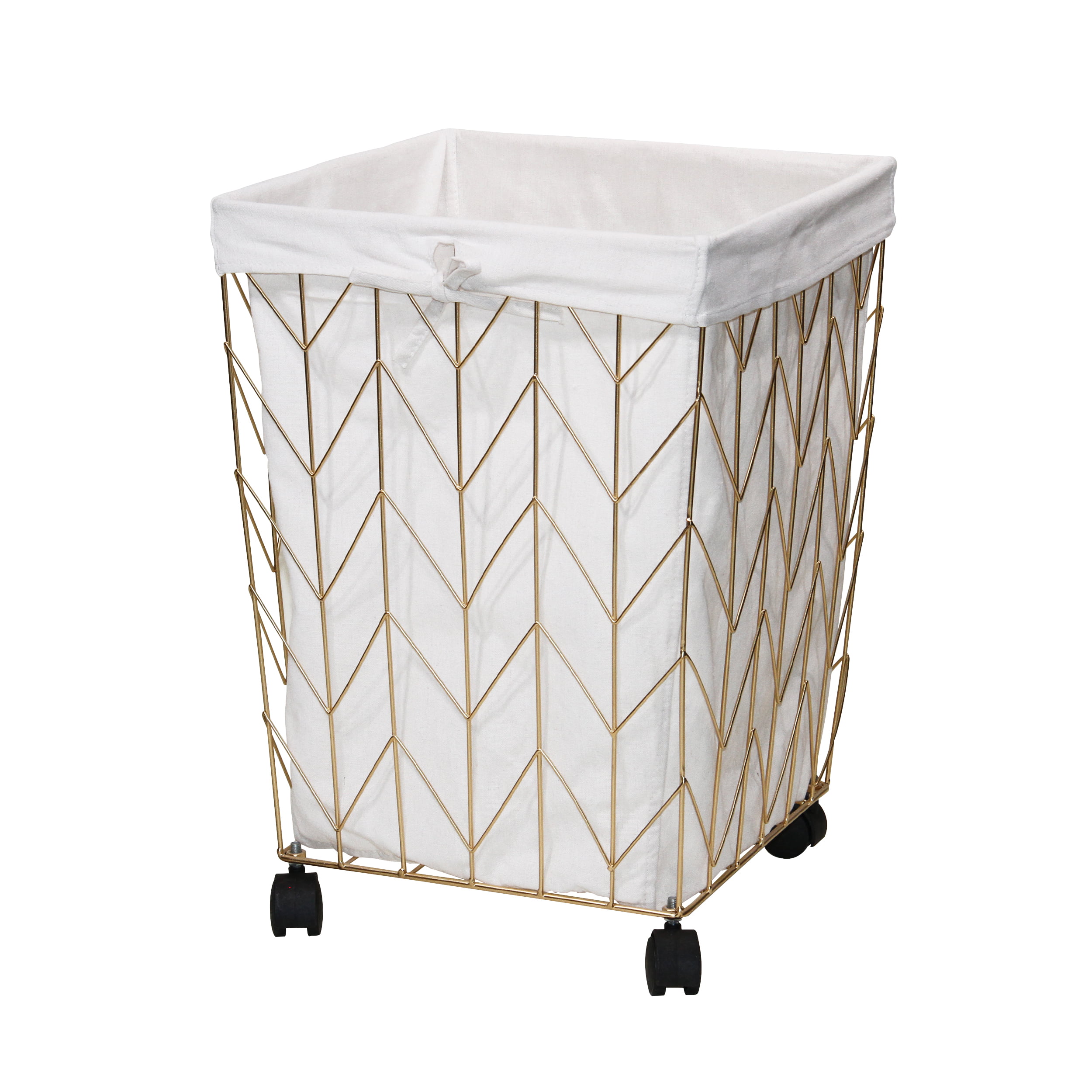 Mainstays Square Chevron Pattern Metal Laundry Hamper with Wheels. Gold & Natural