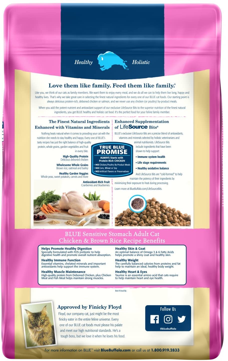 Blue Buffalo Sensitive Stomach Natural Adult Dry Cat Food. Chicken & Brown Rice 15-Lb