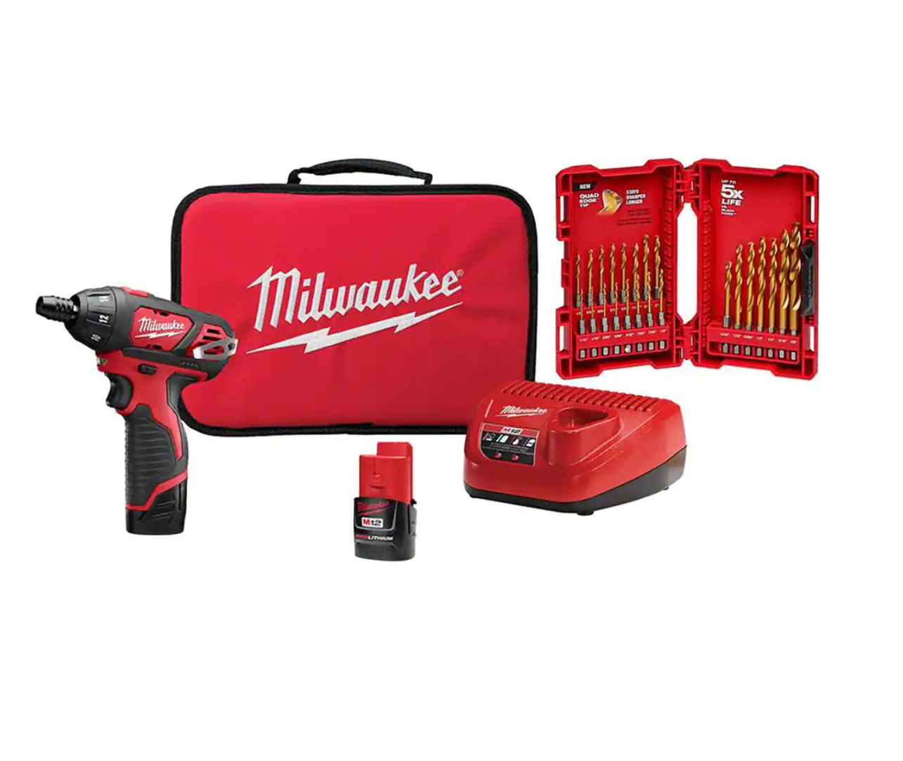 Milwaukee 2401-22-48-89-4631 M12 12-Volt Lithium-Ion Cordless 1/4 in. Hex Screwdriver Kit w/ SHOCKWAVE Impact Duty Titanium Drill Bit Set (23-Piece)