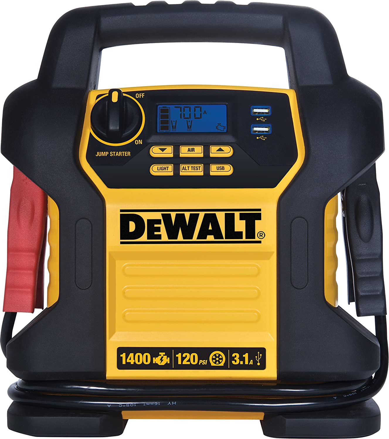 DEWALT DXAEJ14 Digital Portable Power Station Jump Starter. 1400 Peak/700 Instant Amps. 120 PSI Air Compressor. 3.1A USB Ports. Battery Clamps