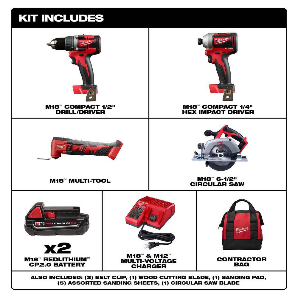 Milwaukee 2892-22CT-2626-20-2630-20 M18 18V Lithium-Ion Brushless Cordless Compact Drill/Impact & Multi-Tool Combo Kit (3-Tool) W/ Circular Saw
