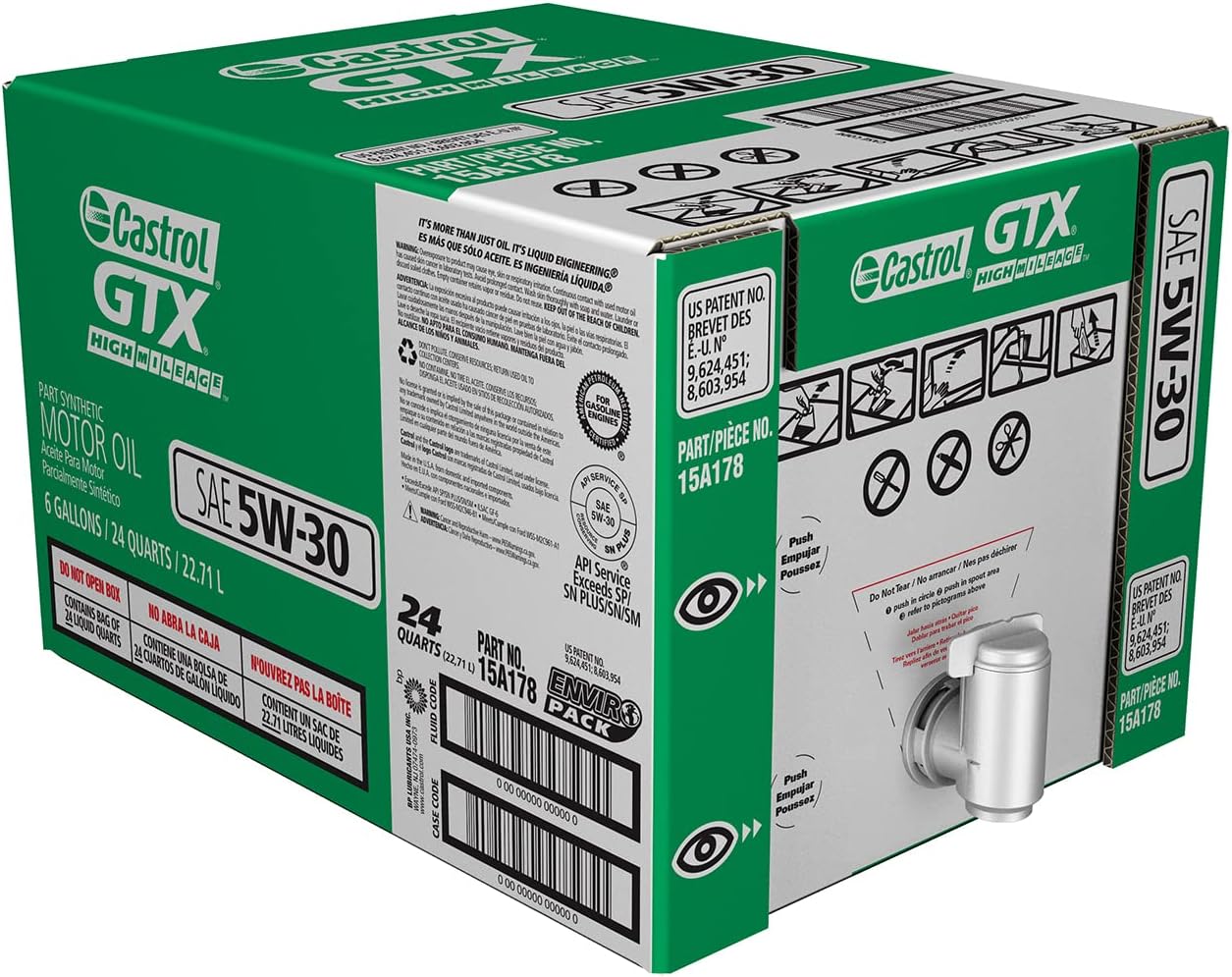 Castrol GTX High Mileage 5W-30 Synthetic Blend Motor Oil. 6 Gallon Enviro-Pack