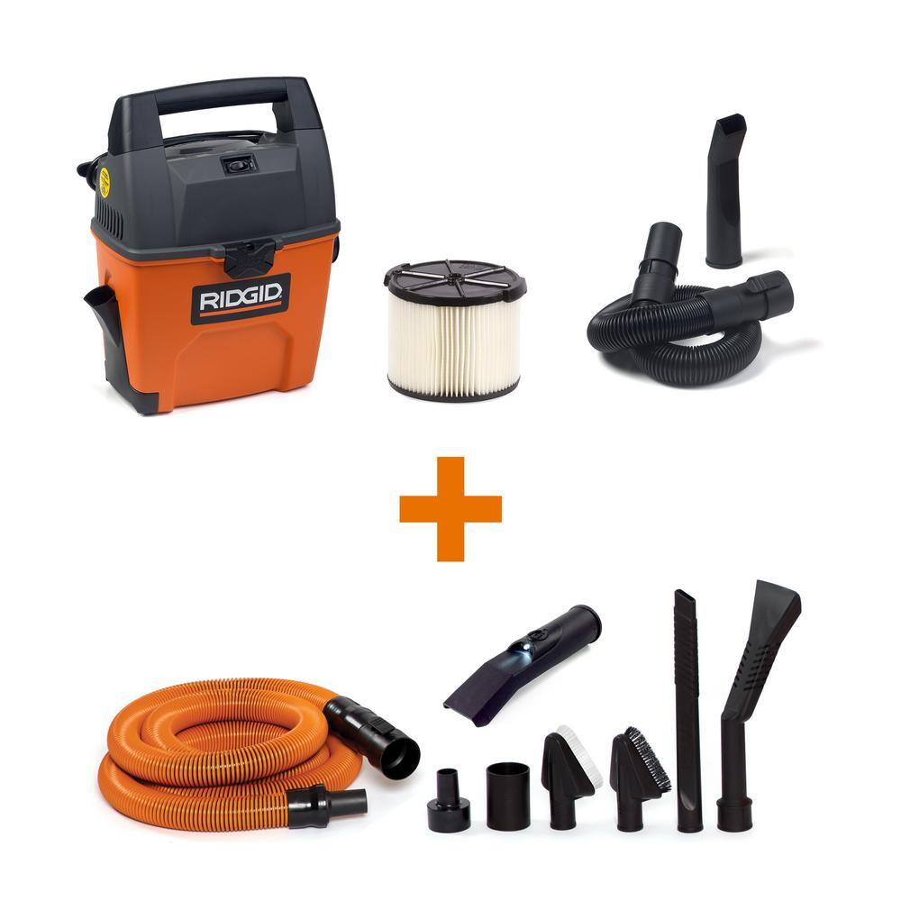 RIDGID WD3050C 3 Gallon 3.5 Peak HP Portable Wet/Dry Shop Vacuum with Built in Dust Pan. LED Lighted Car Nozzle and Car Cleaning Kit