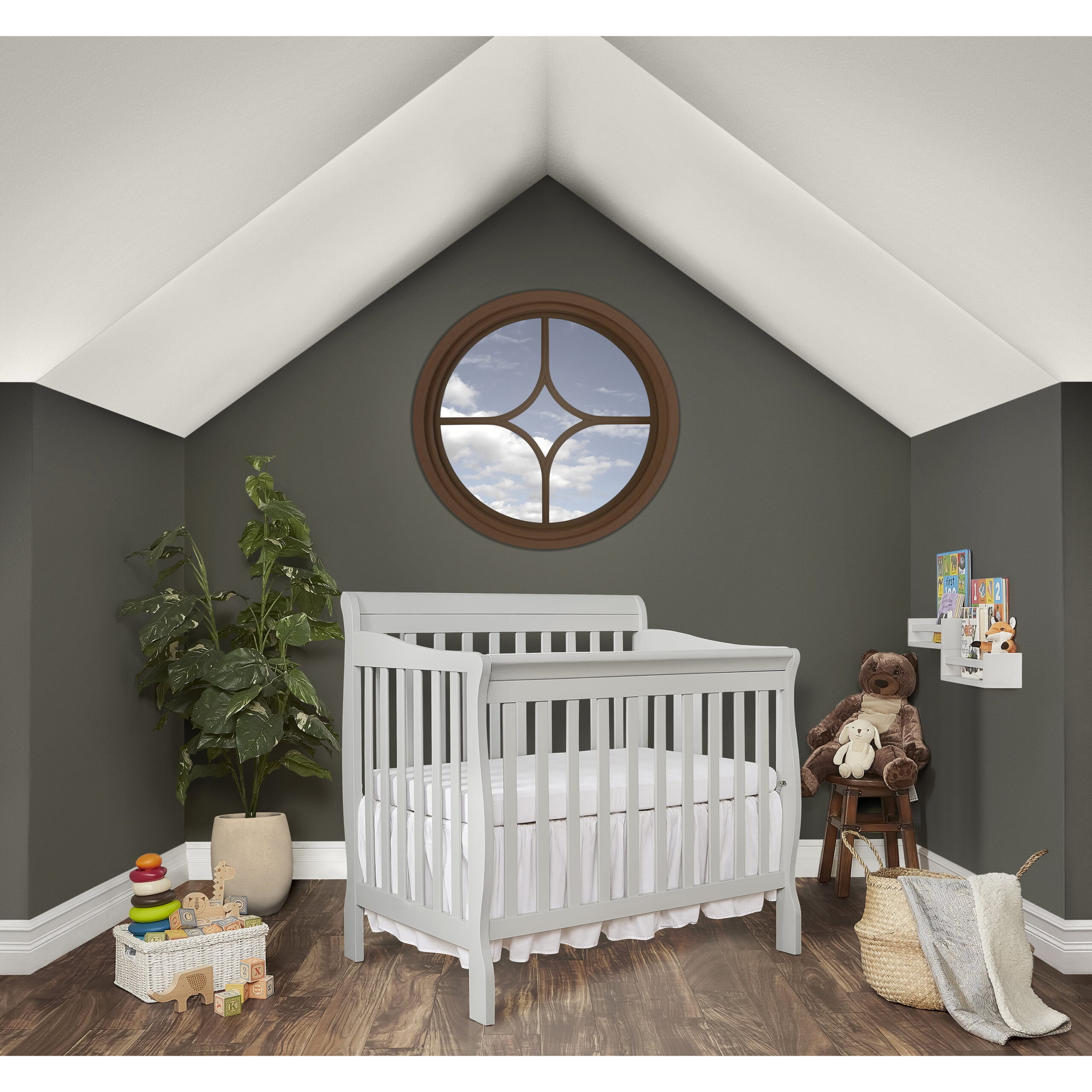 Dream On Me Aden 4-in-1 Convertible Mini Crib In Mystic Grey. Greenguard Gold Certified