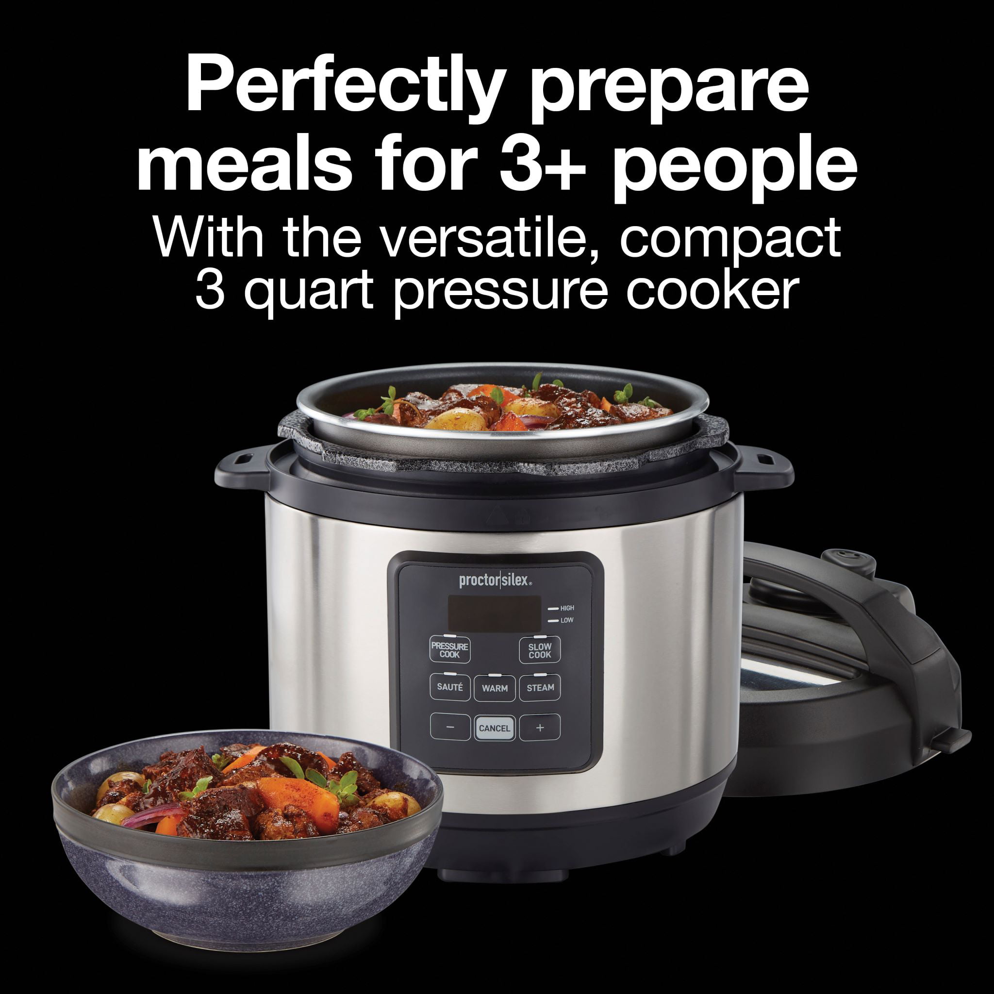 Proctor Silex 3 Quart Simplicity Pressure Cooker. Multi-Cooker. Slow Cooker. Steamer. Sauté. Rice Cooker. True Slow Technology. 34503