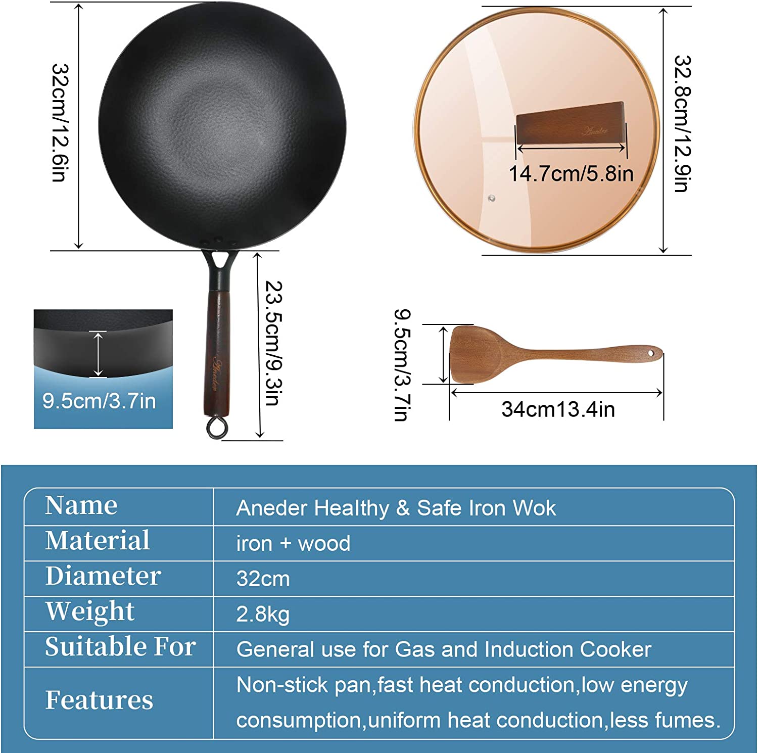ANEDER Carbon Steel Wok Pan with Lid & Wood Spatula. 12.5″ Cast Iron Stir Fry Pan with Flat Bottom and Wooden Handle for Electric. Induction and Gas Stoves