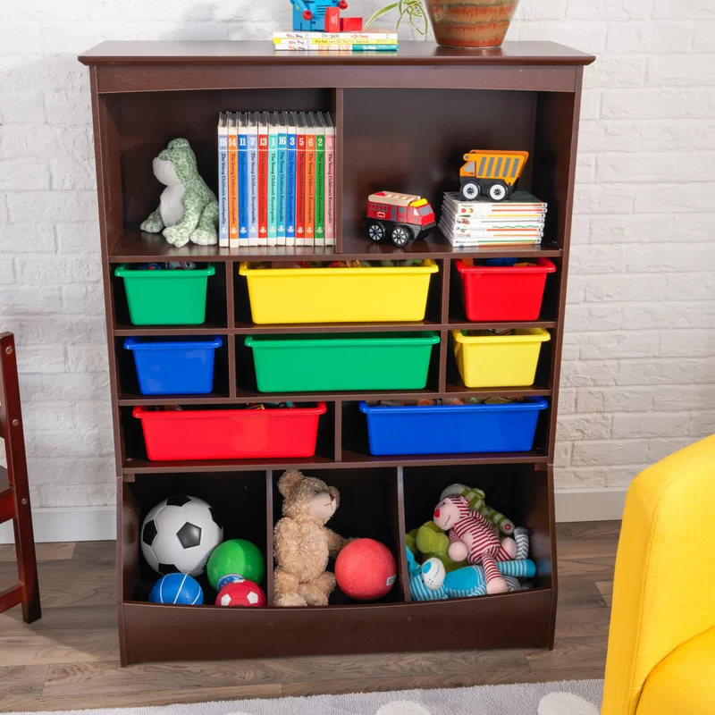 KidKraft Wooden Wall Storage Unit with 8 Plastic Bins and 13 Compartments. Espresso. Gift for Ages 3+