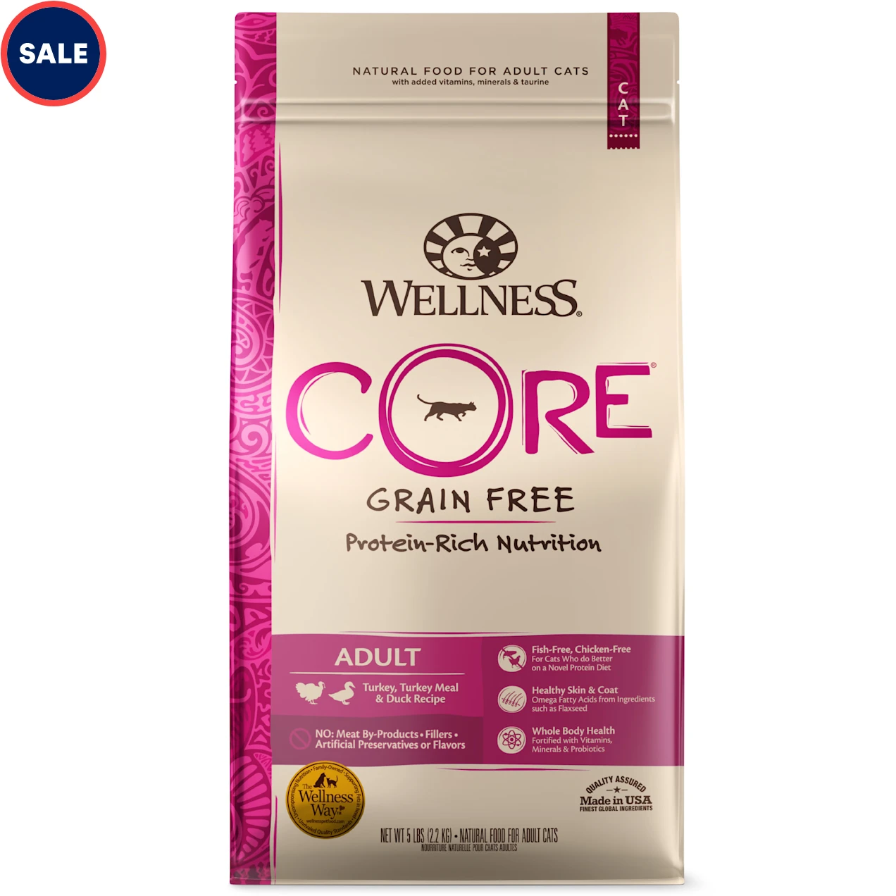 Wellness CORE Natural Grain Free Turkey Turkey Meal & Duck Dry Cat Food. 5-Pound Bag