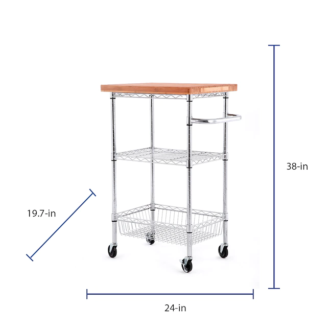 Style Selections  Chrome Steel Base with Wood Top Rolling Kitchen Cart (24-in x 19.7-in x 38-in)