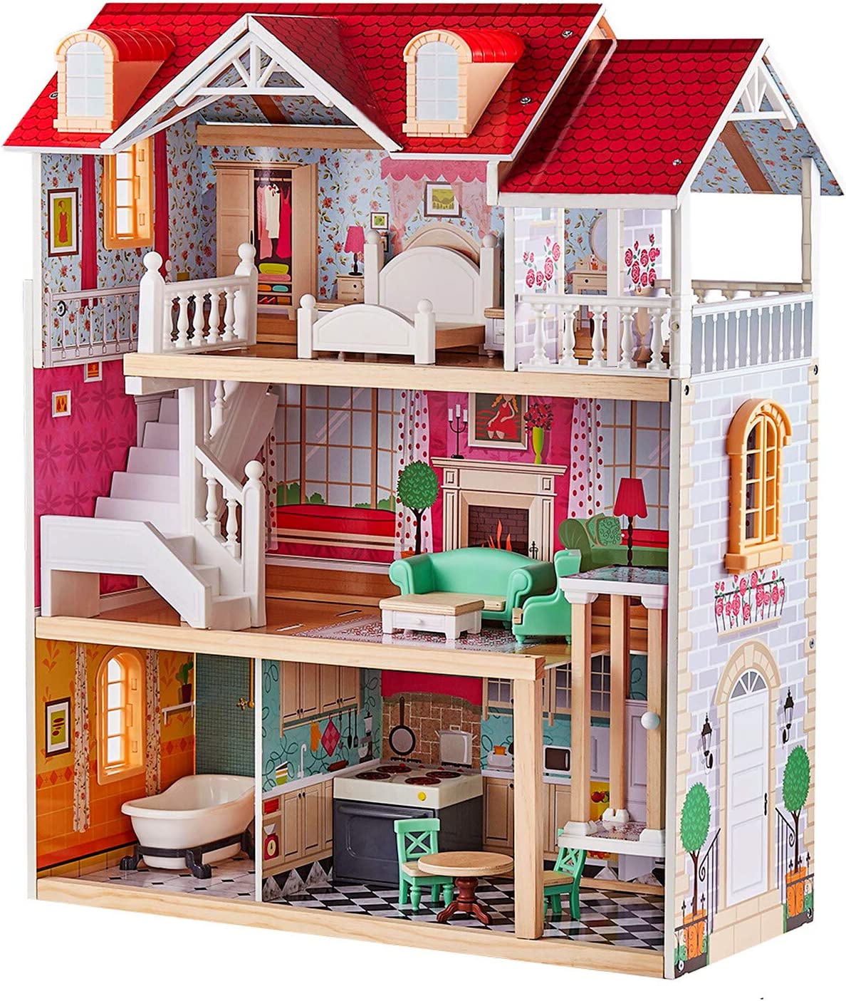 TOP BRIGHT Wooden Dollhouse with Elevator Dream Doll House for Little Girls 5 Year Olds
