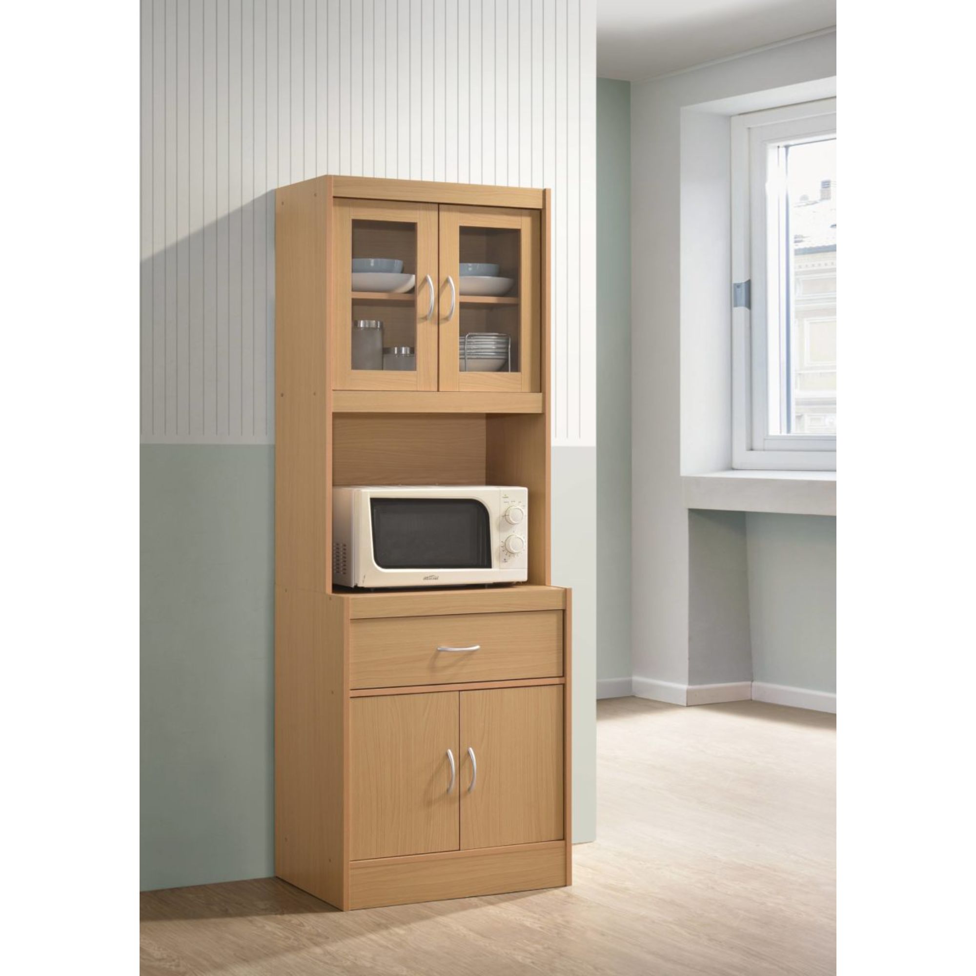 Hodedah Kitchen Cabinet with 1-Drawer. plus Space for Microwave in Beech