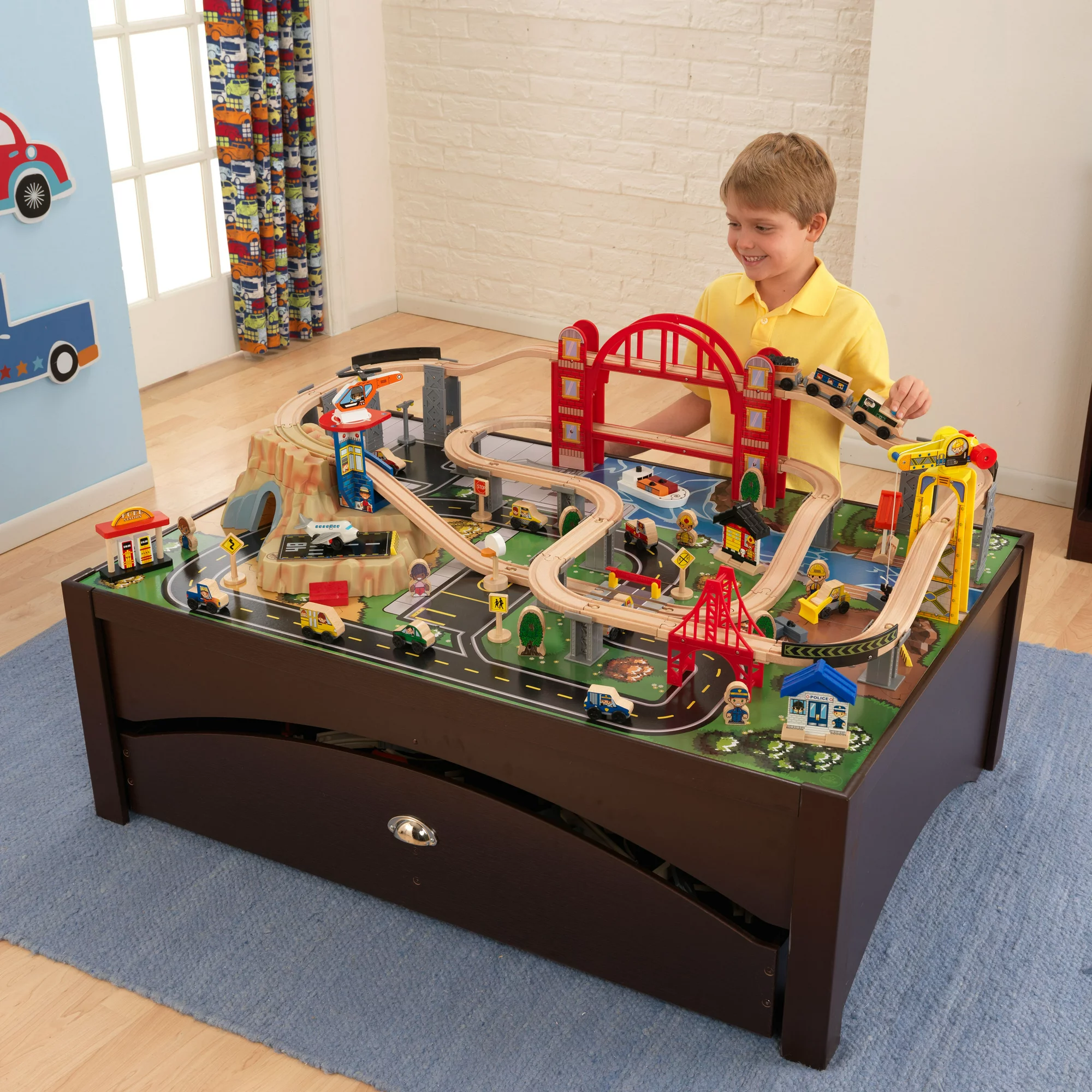 KidKraft Metropolis Wooden Train Set & Table with 100 Pieces and Storage Drawer. Espresso