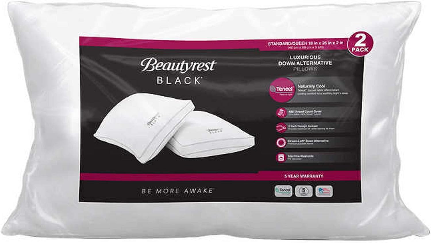 Beautyrest Black Down Alternative Pillows. 2-Pack Standard Queen