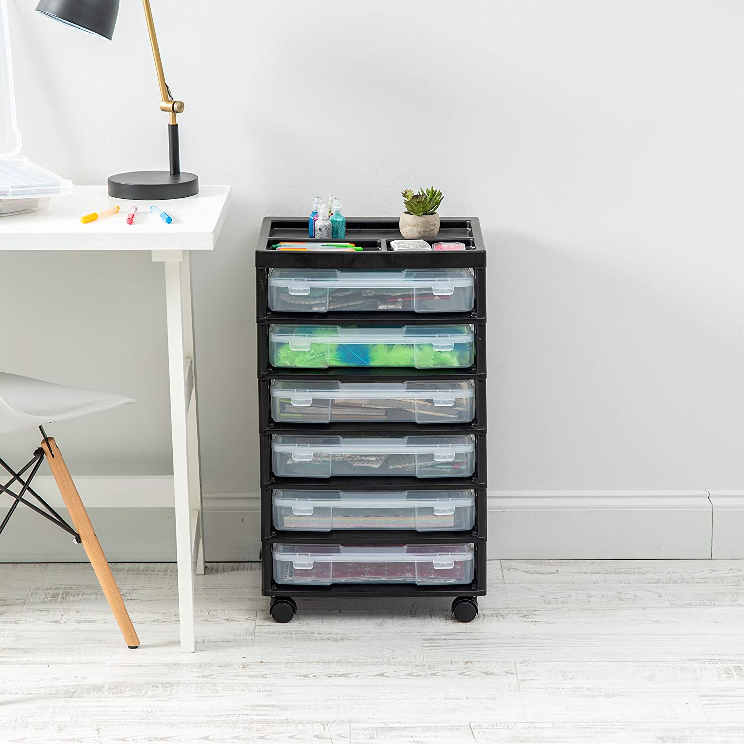 Iris 6 Case Rolling Scrapbook Cart with Organizer Top. Black