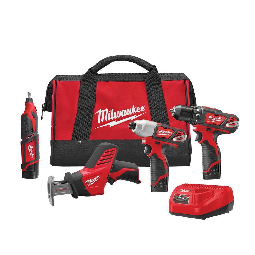 Milwaukee 2497-24 M12 12V Lithium-Ion Cordless Combo Tool Kit (4-Tool) with (3) 1.5Ah Batteries. (1) Charger. (1) Tool Bag