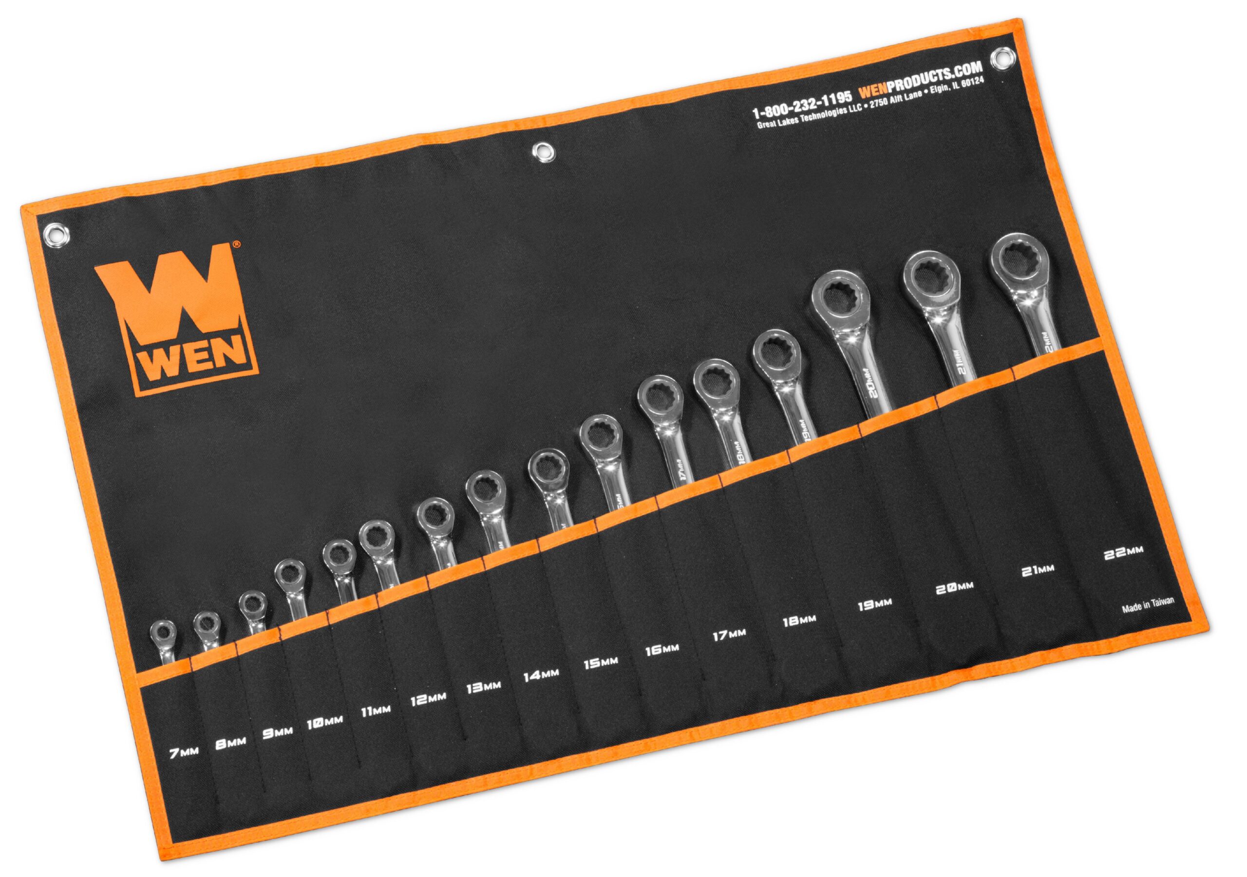 WEN 16-Piece Professional-Grade Ratcheting Metric Combination Wrench Set with Storage Pouch