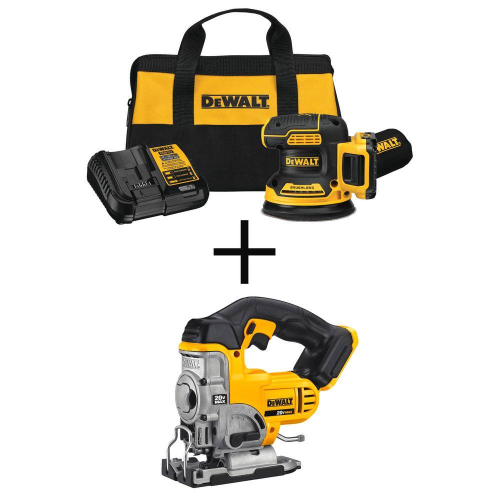 DEWALT DCW210D1W331B 20V MAX XR Cordless Brushless 5 in. Random Orbital Sander. 20V MAX Jigsaw. (1) 20V 2.0Ah Battery. and Charger