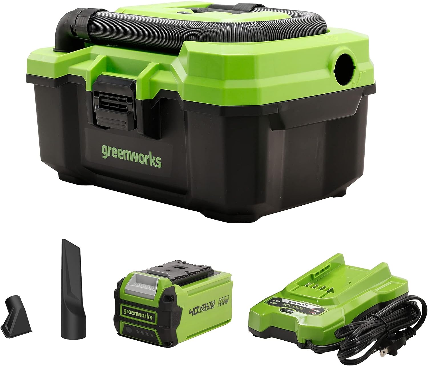 Greenworks 40V (3 Gallon) Cordless Wet / Dry Shop Vacuum + Accessories. 2.0Ah Battery and Charger Included