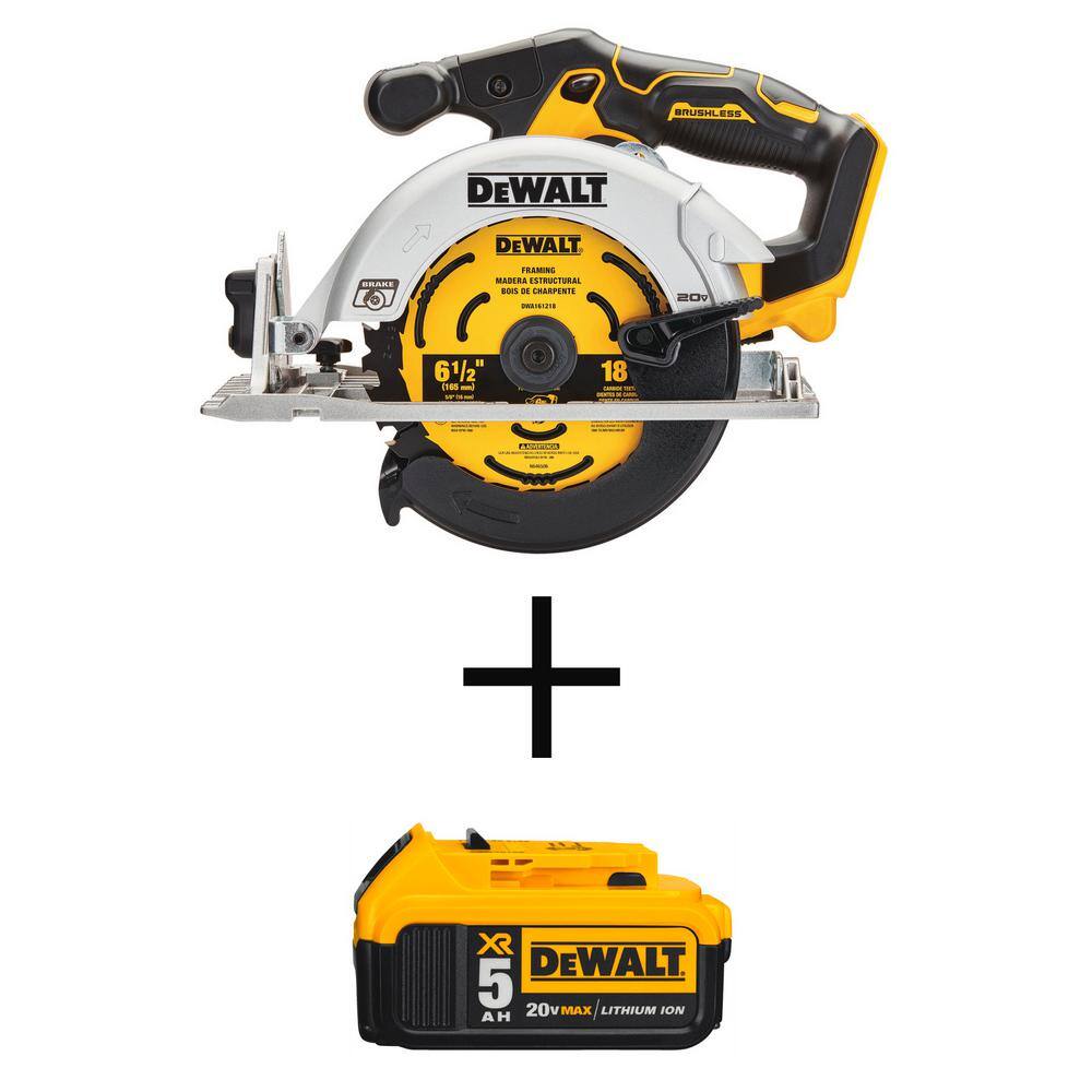 DEWALT DCS565BW205 20V MAX Cordless Brushless 6-1/2 in. Circular Saw and (1) 20V MAX Premium Lithium-Ion 5.0Ah Battery