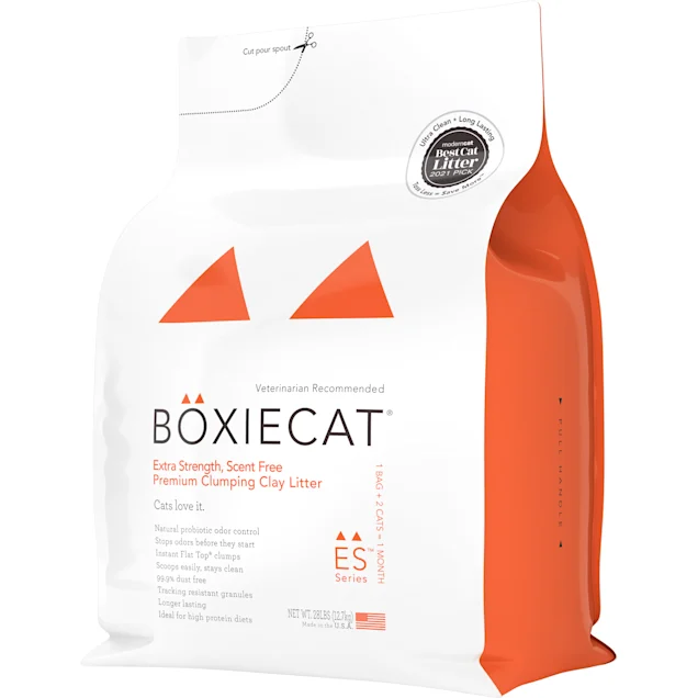 Boxiecat Extra Strength Scent-free Premium Clumping Clay Cat Litter. 16 lbs – 28 Ibs.