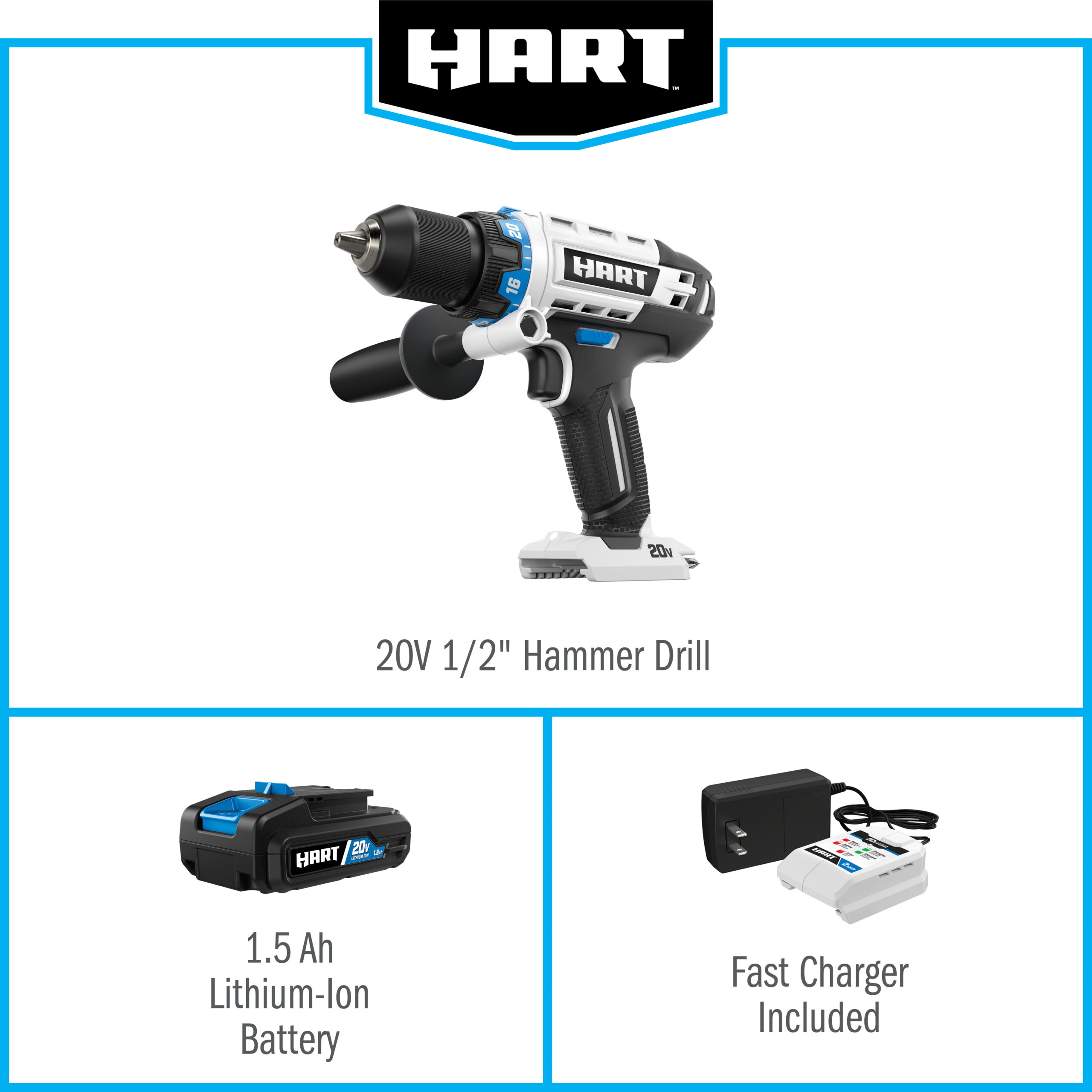 HART 20-Volt Cordless 1/2-inch Hammer Drill Kit (1) 1.5Ah Lithium-Ion Battery