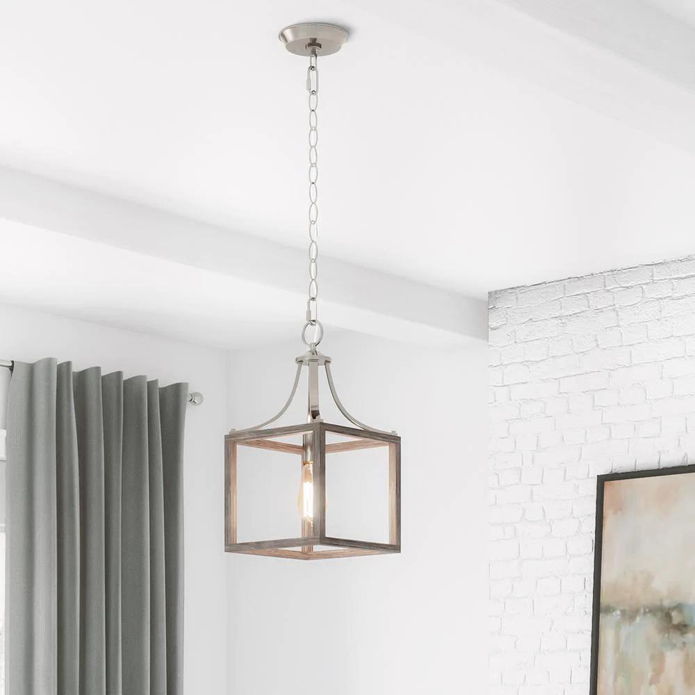 Hampton Bay 7947HBBNDI Boswell Quarter 1-Light Brushed Nickel Mini-Pendant with Weathered Wood Accents