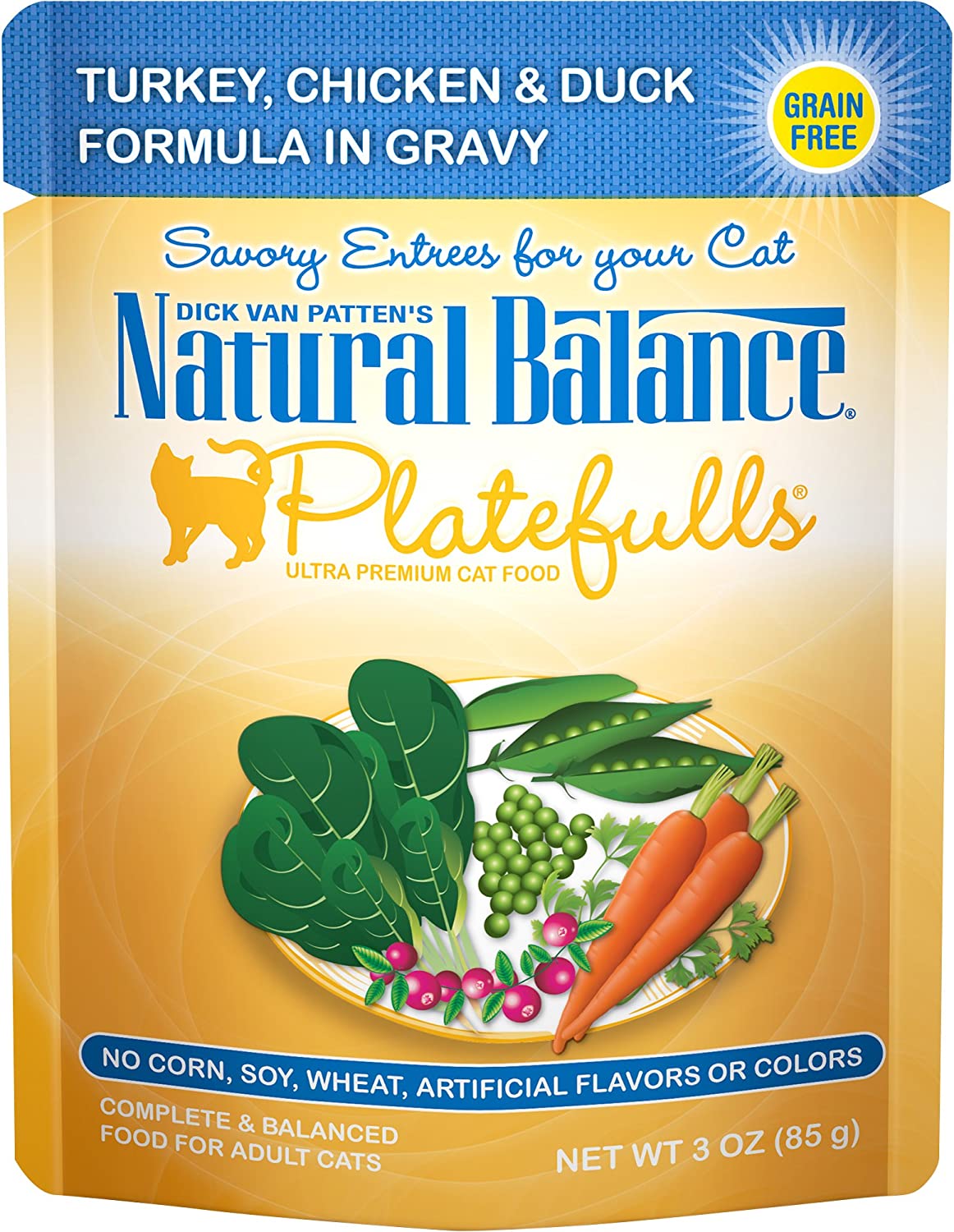 Natural Balance Platefulls Turkey. Chicken & Duck Formula in Gravy Grain-Free Cat Food Pouches 3-oz pouch case of 24