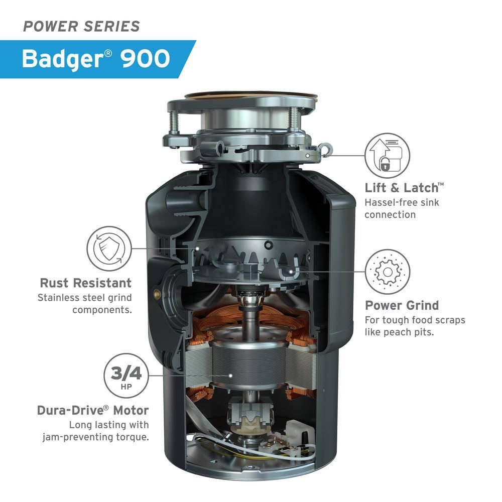 InSinkErator BADGER 900L&L W/CRD-00 & STS-00SN Badger 900 Lift & Latch Power Series 3/4 HP Continuous Feed Garbage Disposal w/ Power Cord & Air Switch in Satin Nickel