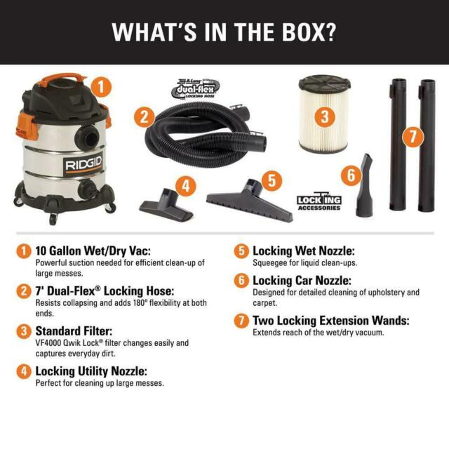 RIDGID WD1060 10 Gal. 6.0-Peak HP Stainless Steel Wet/Dry Shop Vacuum with Filter. Hose and Accessories