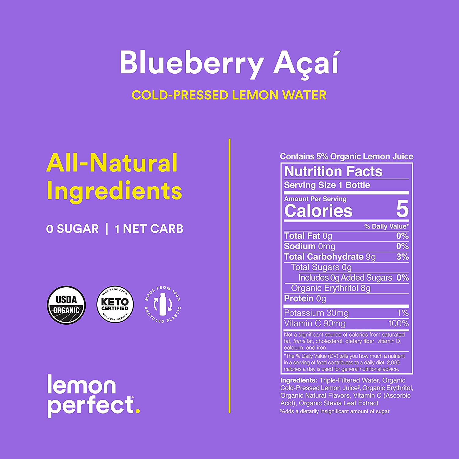 Lemon Perfect. Organic Cold-Pressed Lemon Water. Squeezed from Real Fruit. Flavored Water. Sugar-Free. Keto Certified. No Artificial Ingredients. Blueberry Açaí (12-Pack)