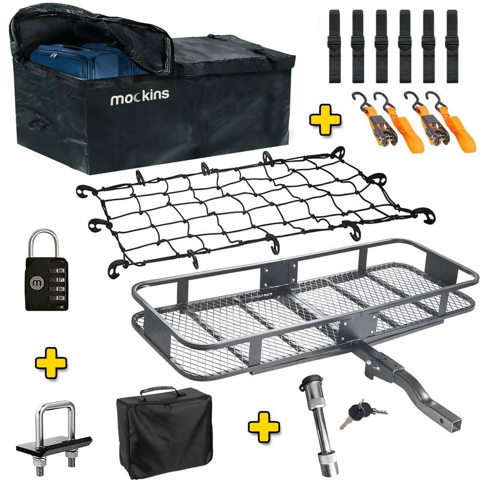 Mockins MACCBNS27 500 lbs. Capacity Hitch Mount Cargo Carrier Set with Folding Shank and 2 in. Raise. Cargo Bag. Net and Ratchet Straps