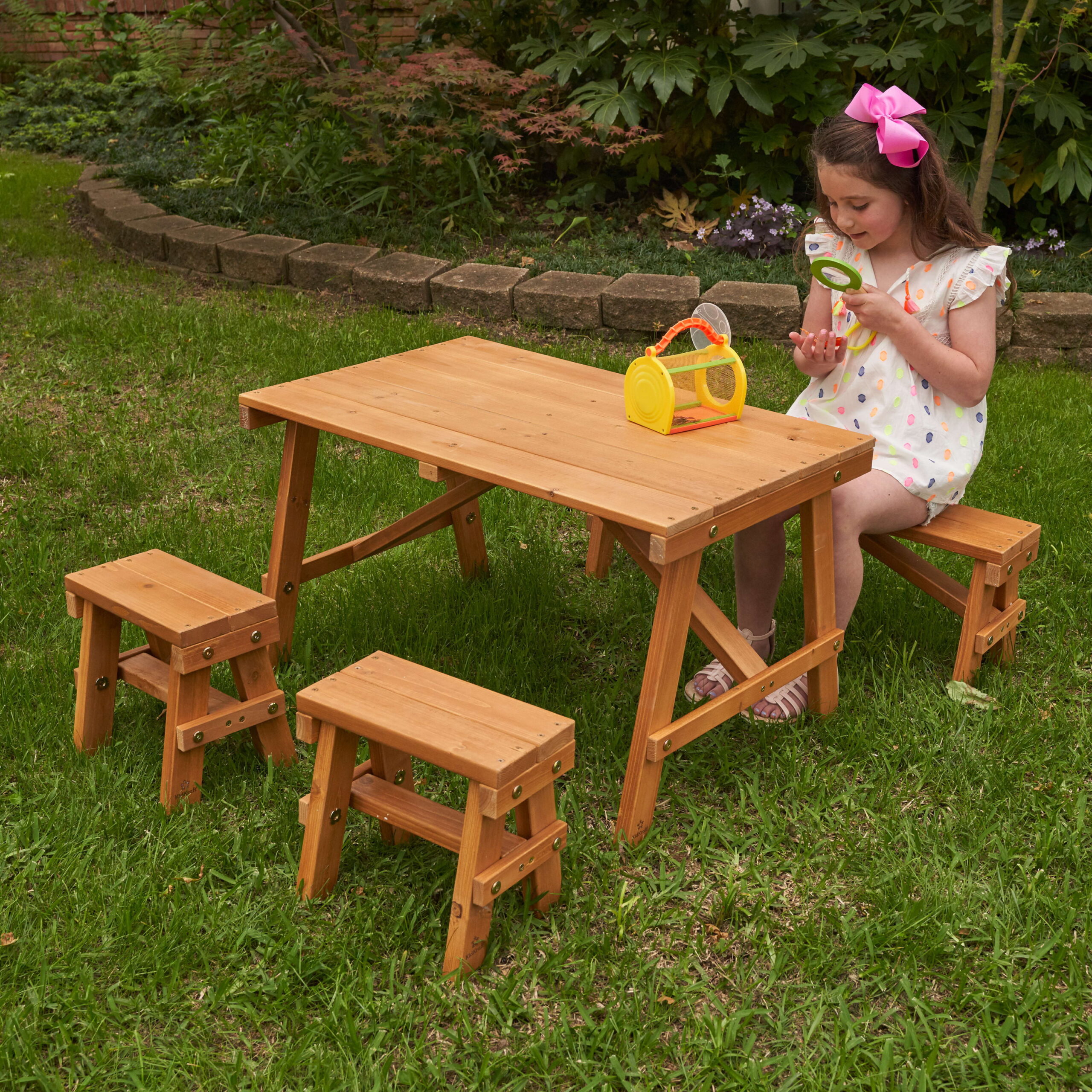 KidKraft Wooden Outdoor Picnic Table with Three Benches. Kids Patio Furniture. Amber