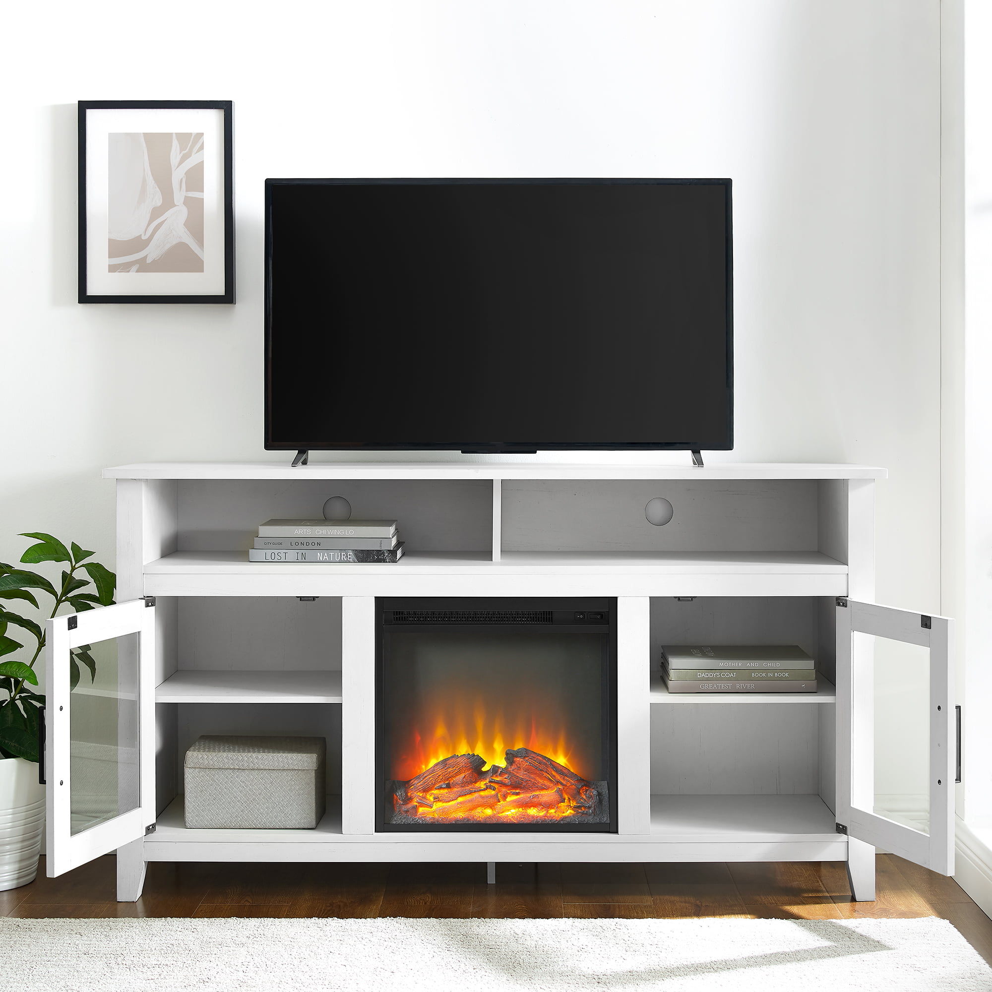 Woven Paths Highboy 2 Door Electric Fireplace TV Stand for TVs up to 65″. Brushed White