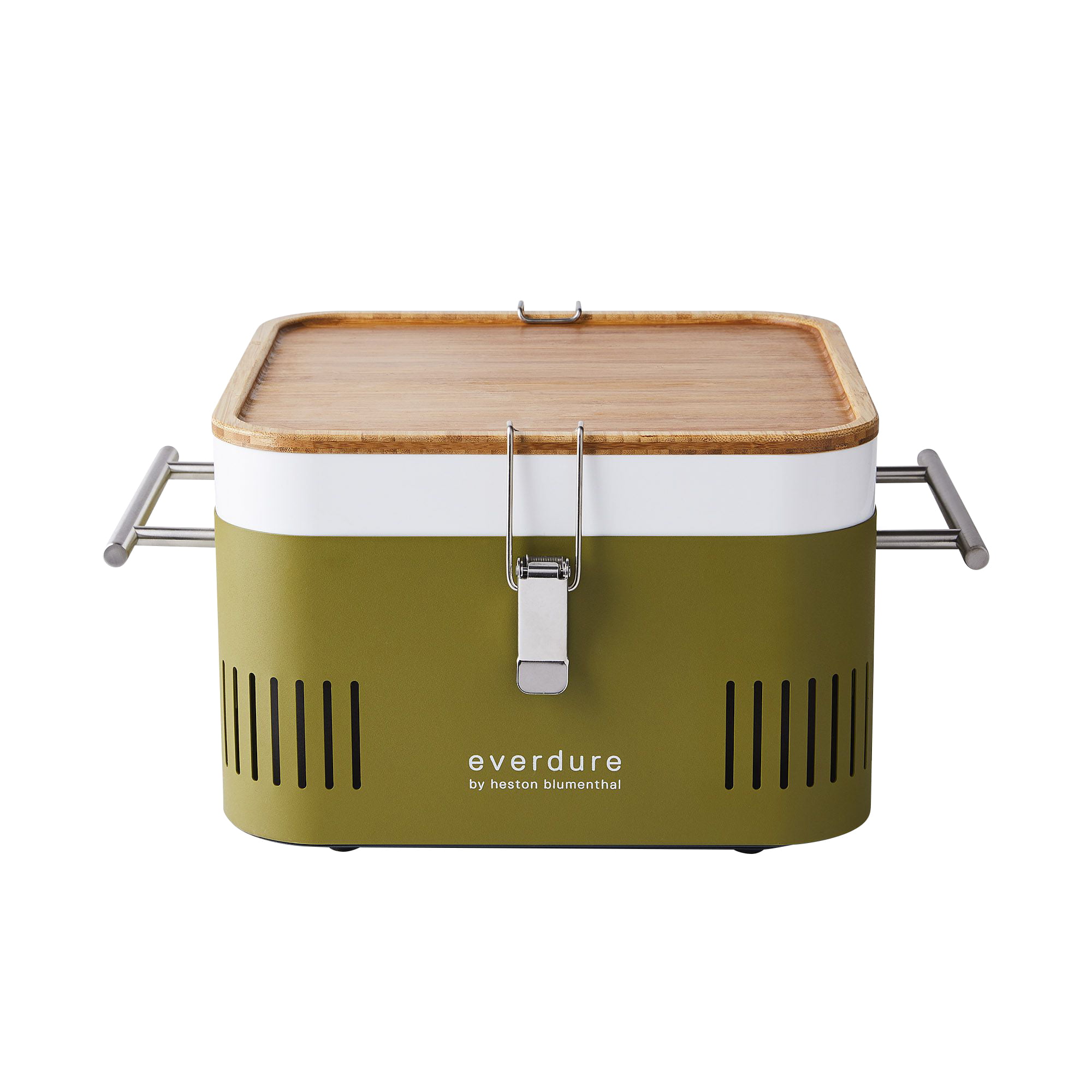Everdure CUBE Charcoal Grill with Cool Touch Handles. Storage Container & Bamboo Serving Board
