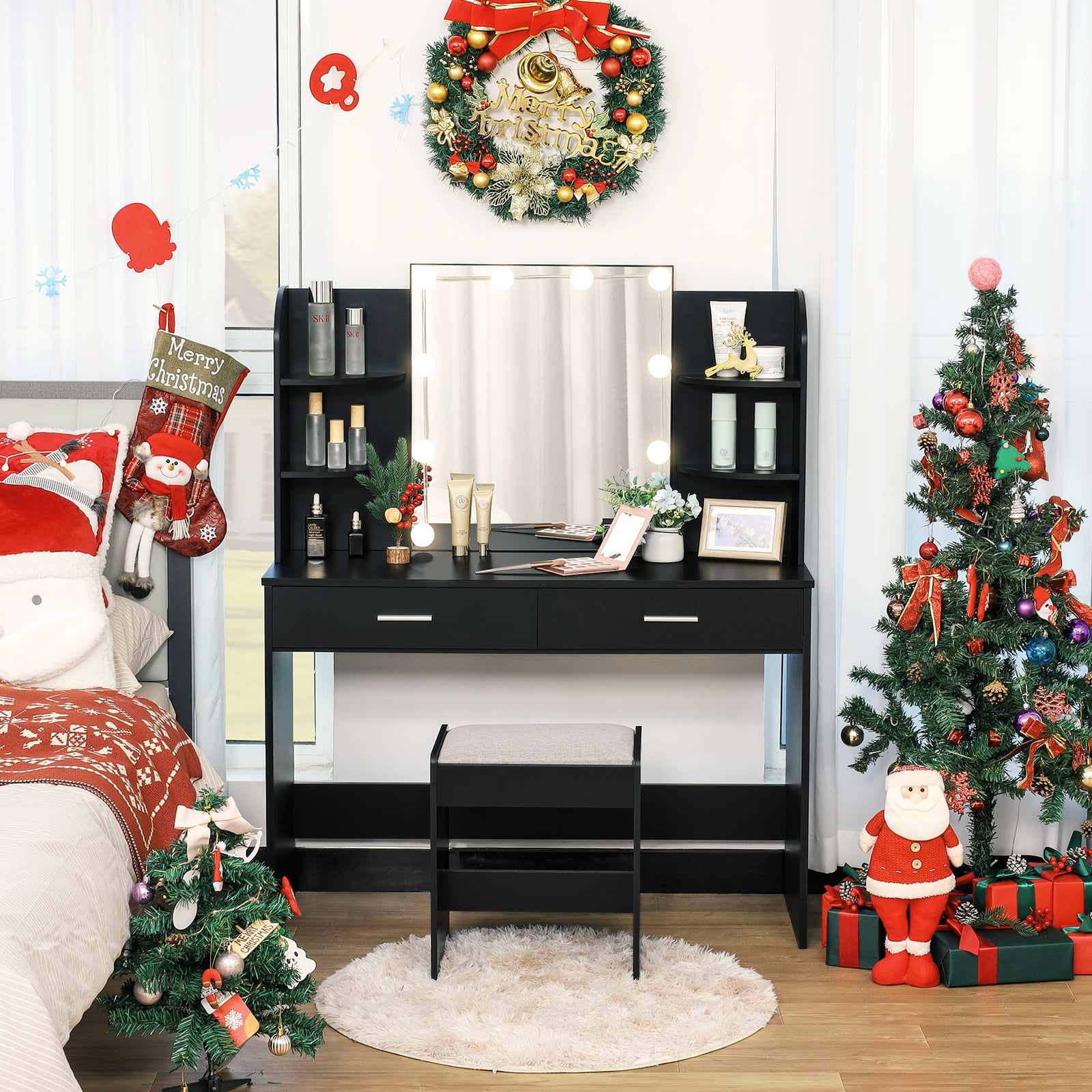 USIKEY Large Vanity Set with Stool and 10 Lights. Black