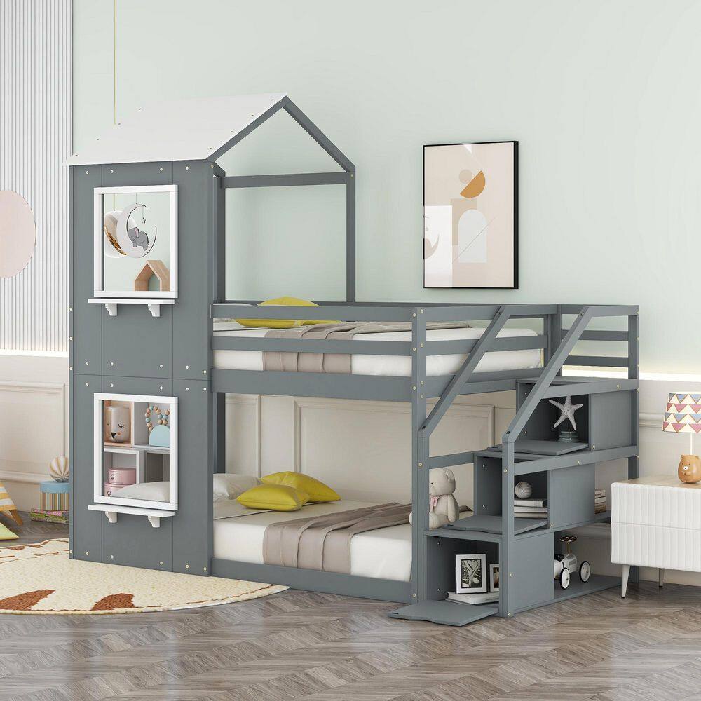 Qualler  Gray Twin Over Twin Bunk Bed with Storage Stairs