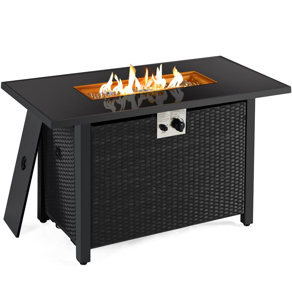 SMILE MART 43″ Gas Propane Fire Pit Table with Tempered Glass Tabletop Rattan Wicker Base for Patio/Courtyard/Garden. Black
