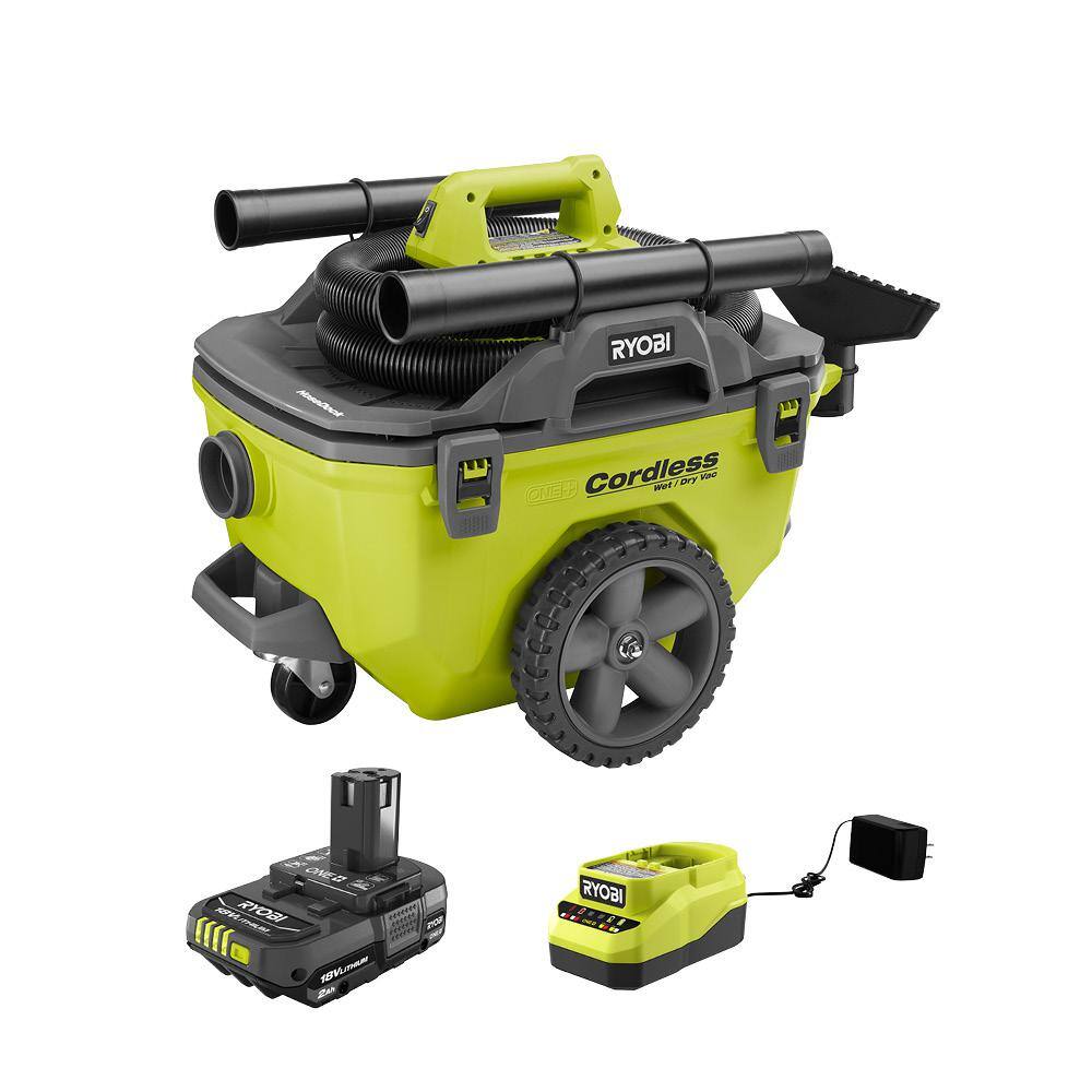 RYOBI P770-PSK005 ONE+ 18V Cordless 6 Gal. Wet/Dry Vacuum w/ Hose. Crevice Tool. Floor Nozzle. Extension Wand. 2.0 Ah Battery. and Charger