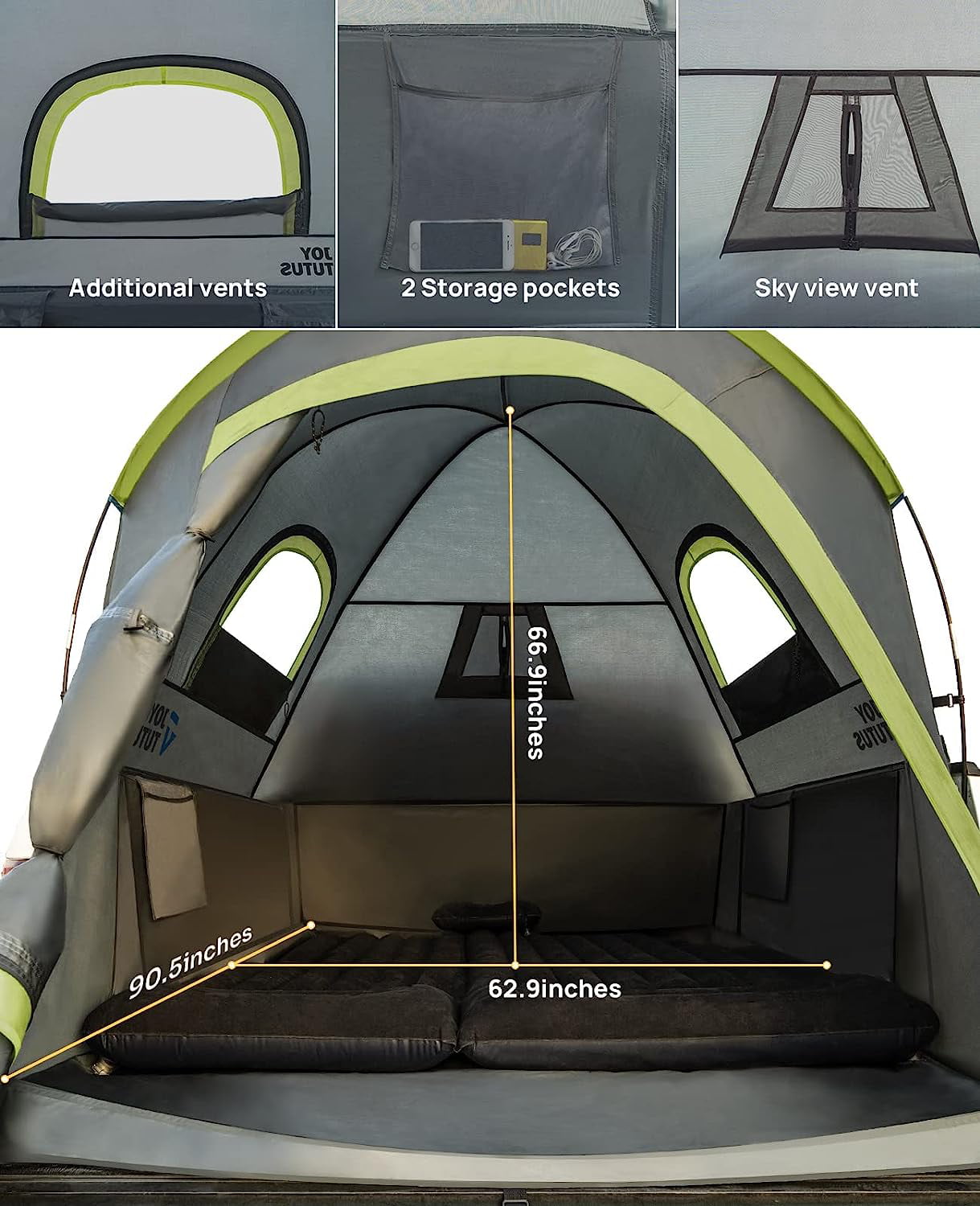 JoyTutus Pickup Truck Tent. Waterproof PU2000mm Double Layer for 2 Person. Portable Truck Bed Tent. 5.5′-6′ Camping- Gray Green