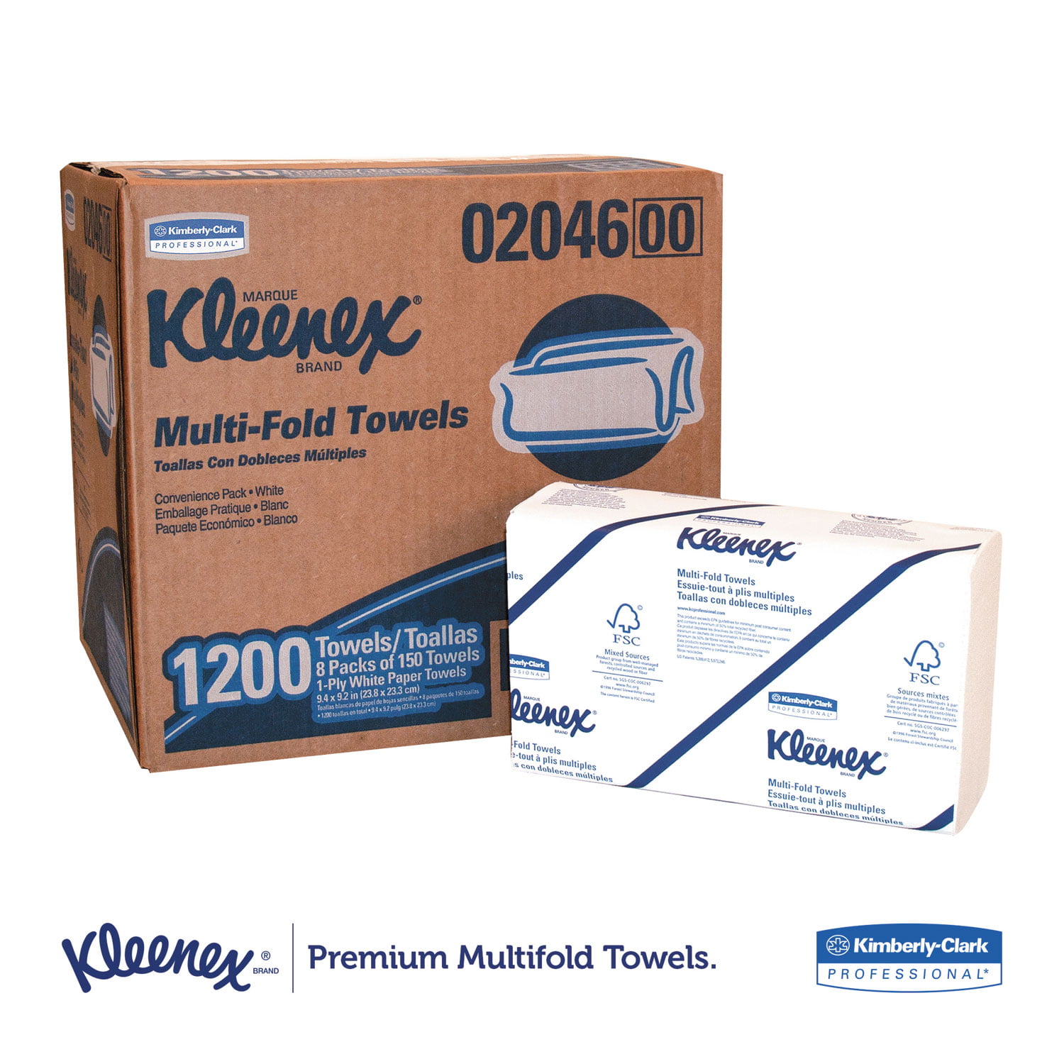 Kleenex Multi-Fold Paper Towels. Convenience. 9.2 x 9.4. White. 150/Pk. 8 Packs/Carton
