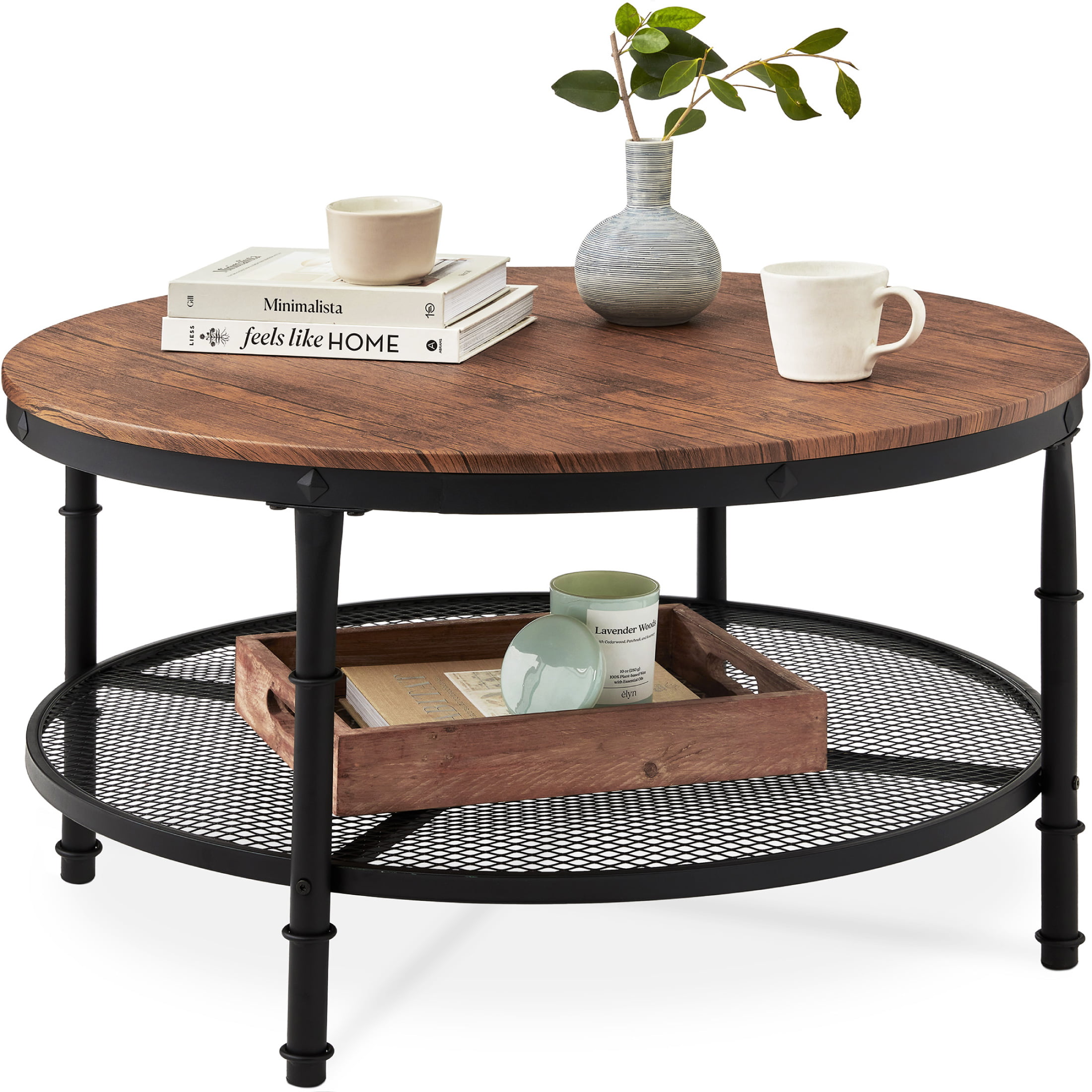Best Choice Products 2-Tier Round Coffee Table. Rustic Accent Table w/ Wooden Tabletop. Padded Feet. Open Shelf - Brown