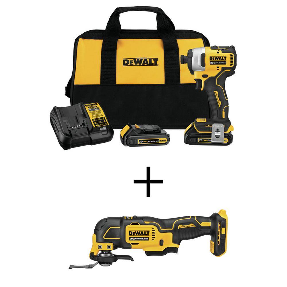 DEWALT DCF809C2W354 ATOMIC 20V MAX Cordless Brushless Compact 1/4 in. Impact Driver Kit and ATOMIC 20V Oscillating Tool