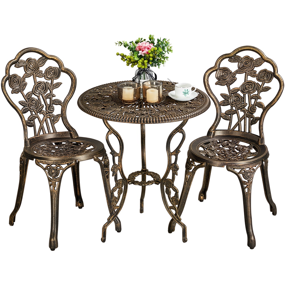 SMILE MART 3-Piece Rose Pattern Metal Outdoor Bistro Set with Umbrella Hole. Bronze