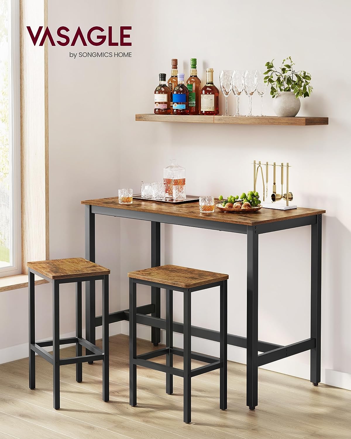 VASAGLE Bar Table Set. with 2 Bar Stools. Dining table set. Kitchen Counter with Bar Chairs. Industrial. Living Room. Party Room. Rustic Brown and Black ULBT15X