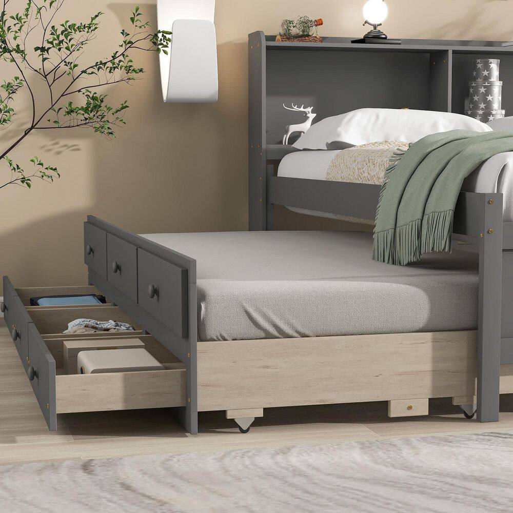 Harper & Bright Designs  Gray Wood Frame Full Size Platform Bed with Bookcase. Trundle and 3-Drawers